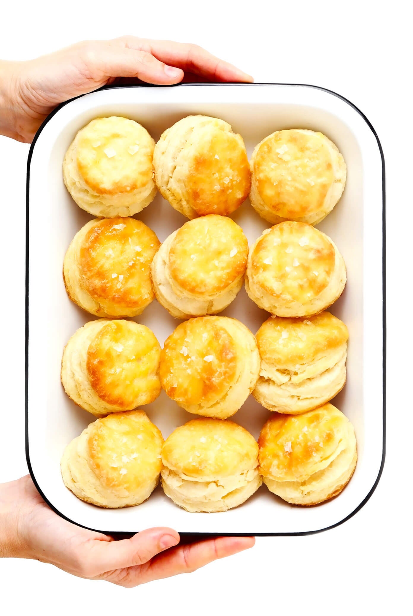 My favorite homemade buttermilk biscuit recipe -- easy to make, perfectly soft and tall and flaky, and always SO buttery and delicious. Serve them for breakfast with jam or gravy, as a side dish for lunch or dinner, or as a topping for chicken pot pie or your favorite casserole! | gimmesomeoven.com #biscuit #roll #bread #recipe #buttermilk #breakfast #brunch #side #vegetarian #baking Homemade Biscuits in Pan