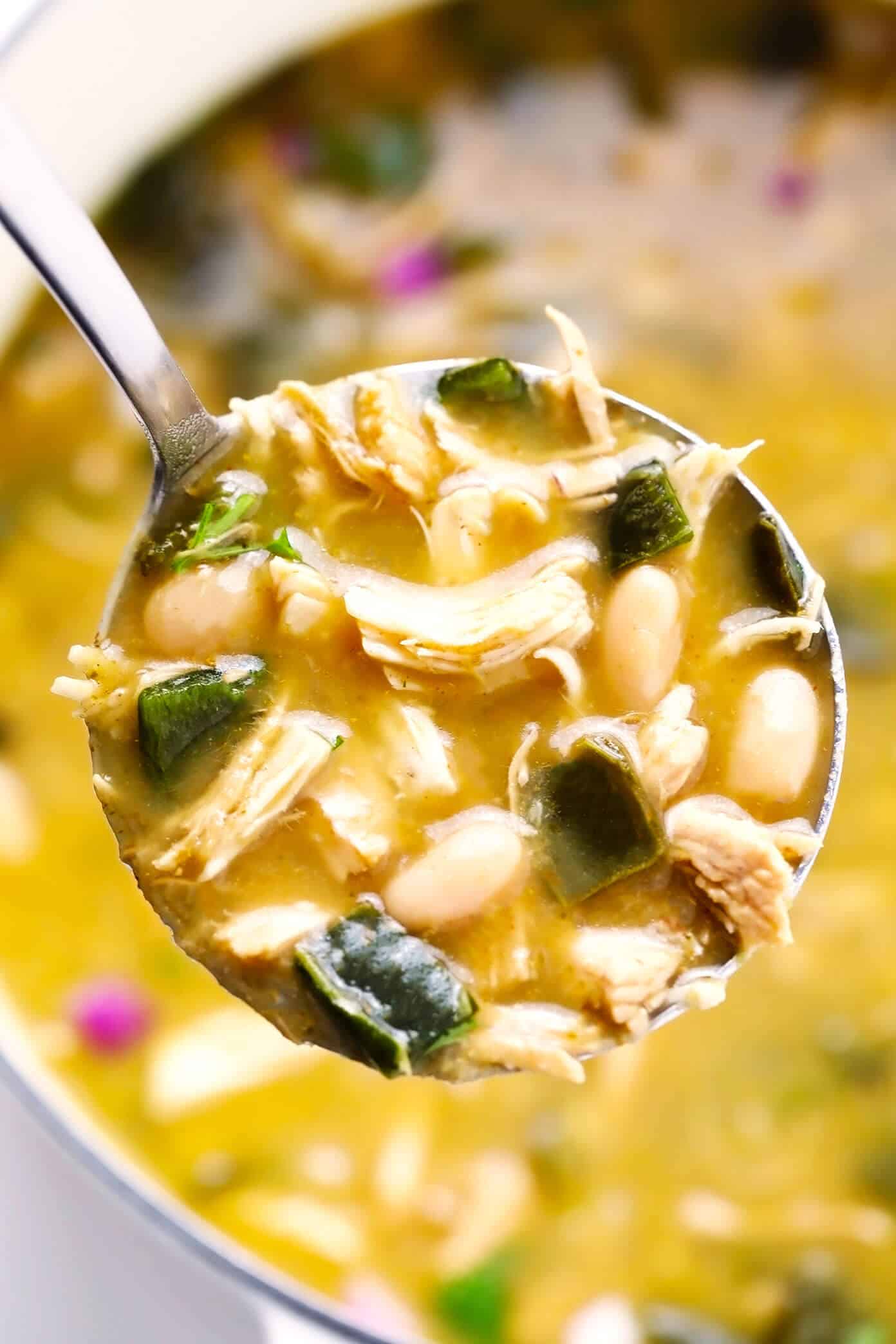This Poblano White Chicken Chili recipe comes together quickly in less than 30 minutes and is SO flavorful and comforting. Perfect for easy soup dinners and healthy meal prep! | gimmesomeoven.com #chicken #chili #soup #mexican #healthy #glutenfree #mealprep #freezermeal #beans Poblano White Chicken Chili in Ladle