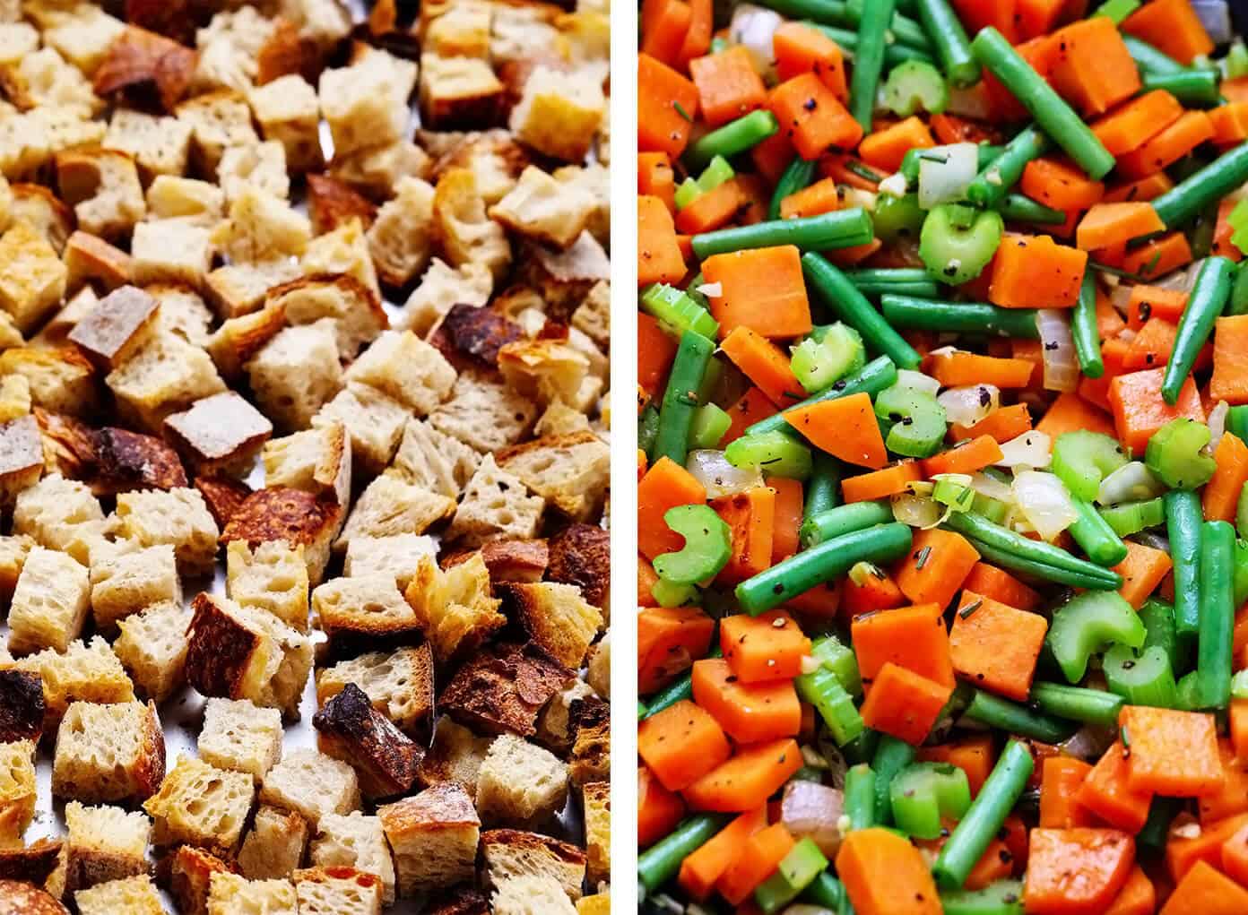 This All-In-One Thanksgiving Casserole recipe is made with everyone's holiday faves -- turkey, herbed stuffing, green beans, sweet potatoes, cranberries, all drizzled with a quick homemade mushroom gravy. It's the perfect easy bake when you don't feel like cooking a dozen different side dishes and SO delicious! | gimmesomeoven.com #thanksgiving #casserole #turkey #stuffing #cranberry #sweetpotato #dinner #easy Toasted Sourdough Croutons and Sautéed Thanksgiving Veggies