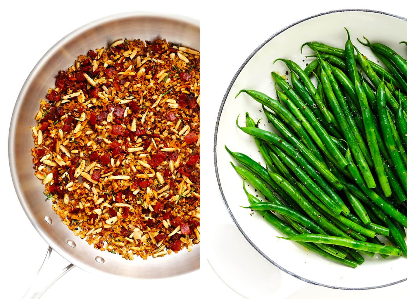 This one-pan sautéed green beans recipe is quick and easy to make and tossed with the most irresistible crispy garlic almond rosemary bacon breadcrumbs. The perfect easy side dish for Thanksgiving, Christmas, or any weeknight dinner! | gimmesomeoven.com #greenbeans #vegetable #side #bacon #thanksgiving #christmas #holiday #glutenfree #dinner Bacon Breadcrumbs in Saute Pan plus Steamed Green Beans