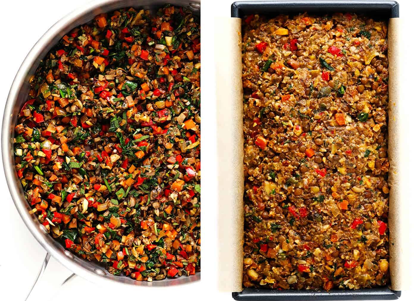 This Nut Roast recipe is packed with a deliciously sweet and savory blend of nuts, veggies, lentils, dried apricots and fresh rosemary and sage. It's easy to prep in advance, naturally gluten-free + vegetarian + vegan, and absolutely delicious served with cranberry sauce and/or gravy. Perfect for the holidays (especially Christmas, Thanksgiving or Easter) or Sunday dinner! | gimmesomeoven.com #nutroast #vegetarian #vegan #glutenfree #healthy #dinner #christmas #holiday How To Make Nut Roast -- Sauteing the Veggies and Pressing Them Into a Bread Pan