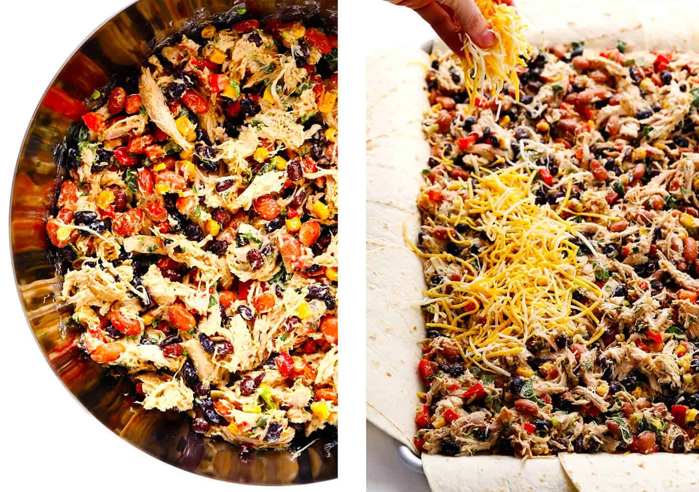 This party-sized chicken sheet pan quesadilla recipe is filled with a zesty mix of cheese, beans, veggies and baked up in a large sheet pan to feed a crowd. Serve as an appetizer, dinner entrée or game day snack with guacamole, salsa, sour cream or any of your favorite dips and enjoy! | gimmesomeoven.com #chicken #quesadilla #mexican #gameday #dinner #party #appetizer #cheese How To Make Sheet Pan Quesadillas -- Layering The Tortillas With Chicken Filling and Cheese