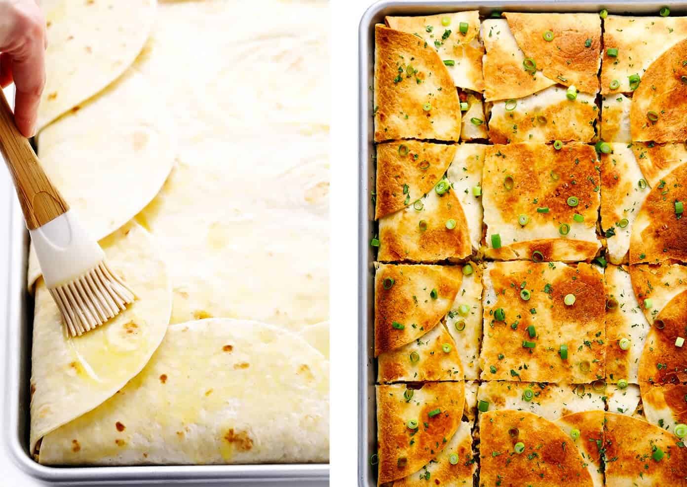 This party-sized chicken sheet pan quesadilla recipe is filled with a zesty mix of cheese, beans, veggies and baked up in a large sheet pan to feed a crowd. Serve as an appetizer, dinner entrée or game day snack with guacamole, salsa, sour cream or any of your favorite dips and enjoy! | gimmesomeoven.com #chicken #quesadilla #mexican #gameday #dinner #party #appetizer #cheese Brushing Sheet Pan Quesadilla with Butter