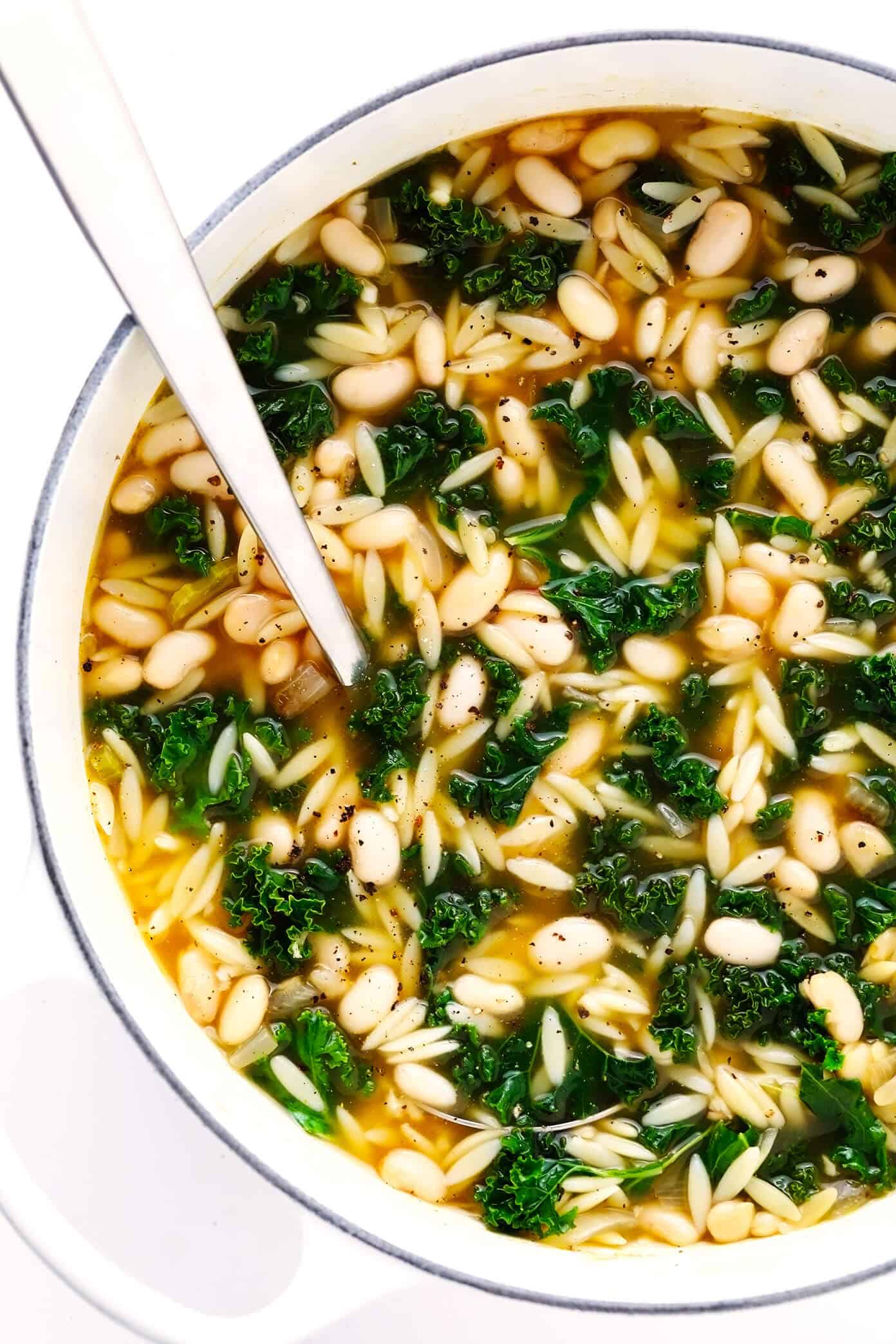 This simple Kale, White Bean and Orzo Soup is made with a cozy lemony-rosemary broth, topped with Parmesan cheese, and ready to go in just 30 minutes! A great vegetarian dinner recipe, or feel free to add a protein (chicken, bacon or sausage) if you'd like! | gimmesomeoven.com #soup #orzo #kale #bean #vegetarian #vegan #dinner #healthy Kale, White Bean and Orzo Soup in Stockpot