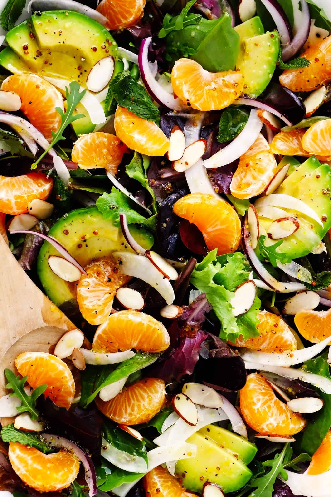 This Orange, Fennel and Avocado Salad recipe is quick and easy to make with fresh spring greens and mint, fresh clementines, toasted almonds, and a quick honey-citrus dressing. It's naturally vegan, vegetarian and gluten-free, but feel free to add in an extra protein (such as salmon, chicken or shrimp) if you'd like! | gimmesomeoven.com #salad #orange #citrus #avocado #healthy #glutenfree #vegan #vegetarian #dinner #winter Clementine orange salad closeup