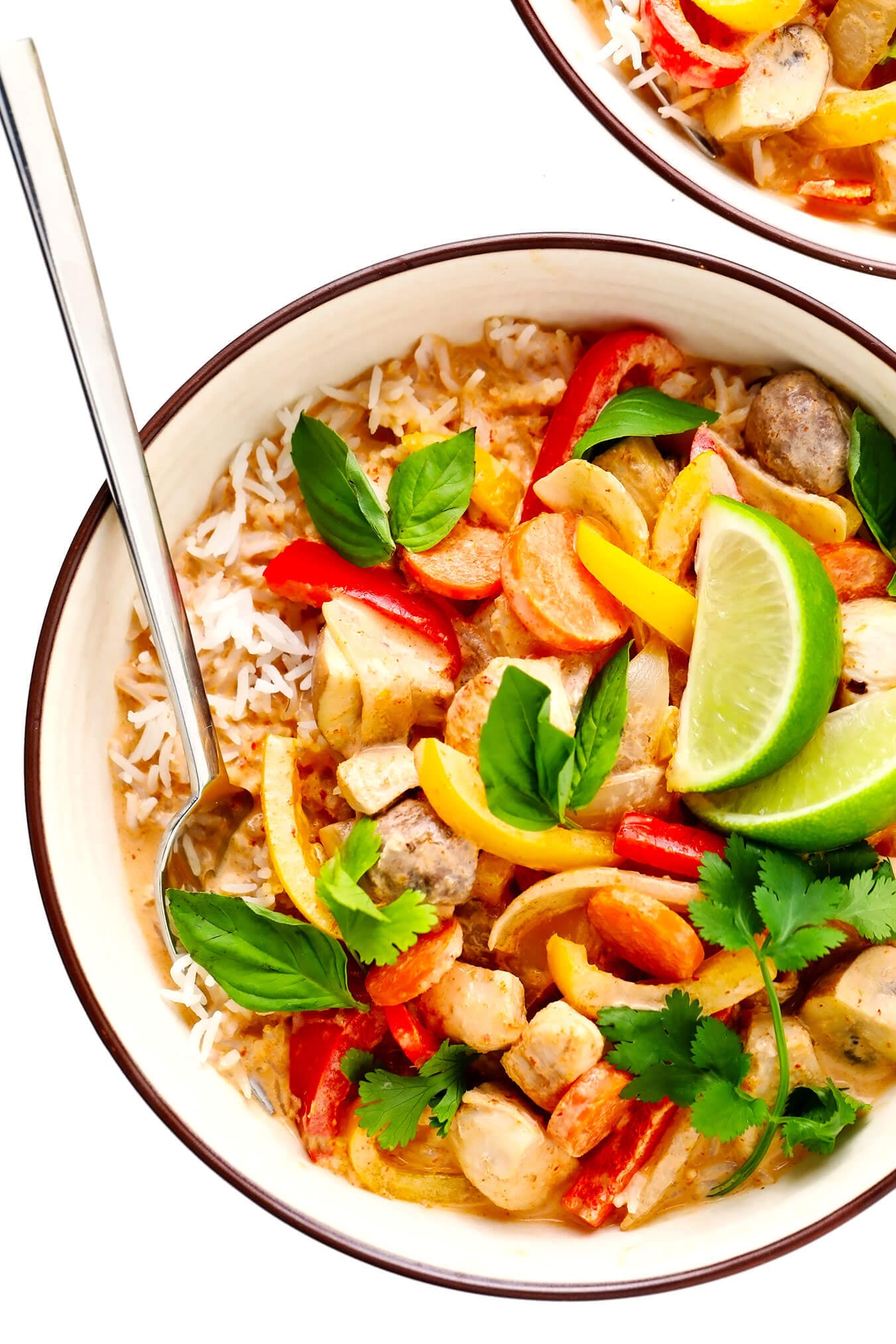 This cozy Thai Chicken Curry recipe is quick and easy to whip up in about 30 minutes, it's made with the yummiest Thai red coconut curry sauce, and it's easy to customize with your favorite veggies and proteins. Feel free to swap beef, pork, shrimp, tofu or vegetarian/vegan alternatives for the chicken and serve over rice, noodles, quinoa or on its own. | gimmesomeoven.com #thai #chicken #curry #stirfry #soup #asian #healthy #glutenfree #dinner #vegetable Thai Chicken Curry
