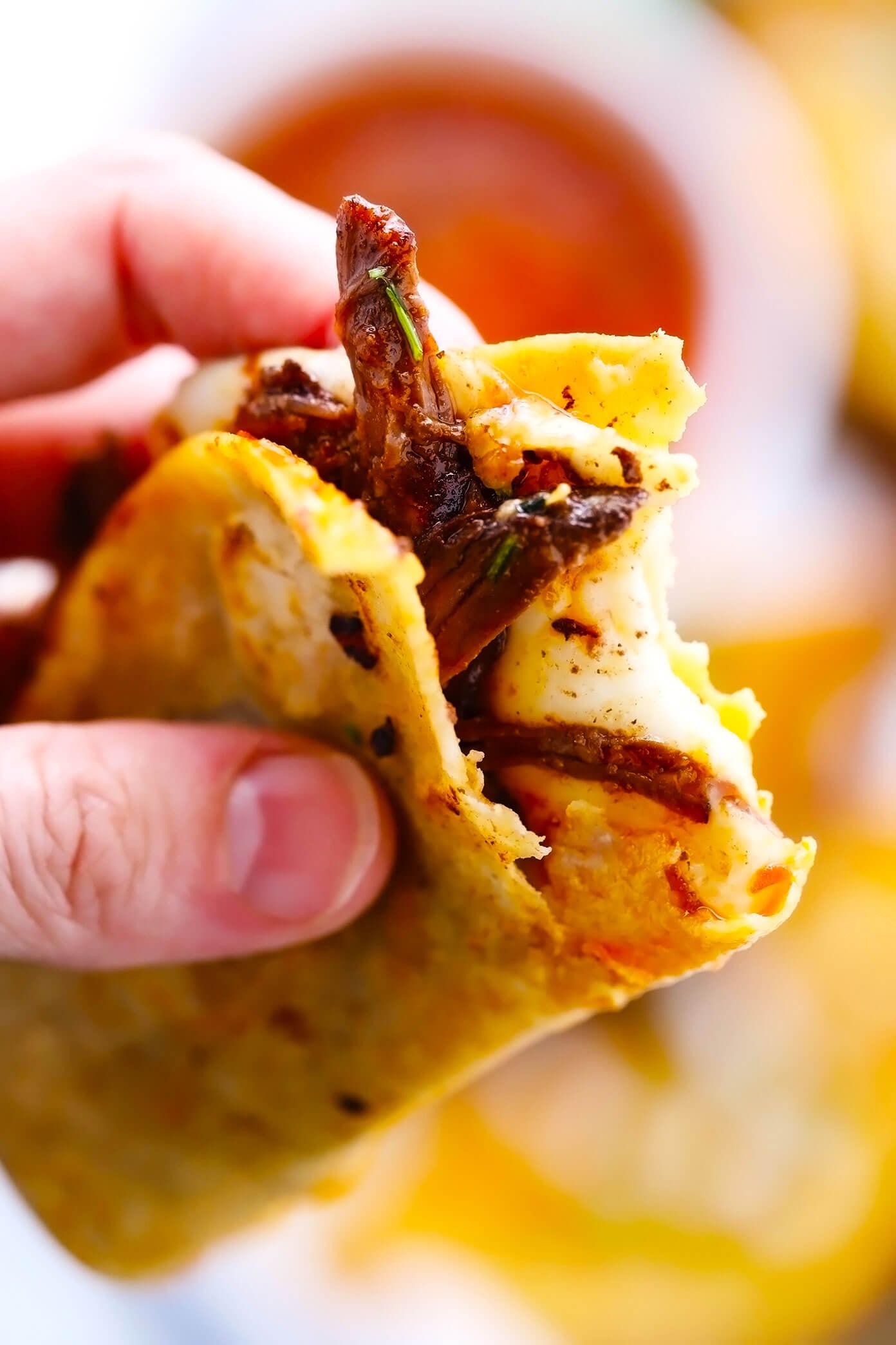 This birria tacos recipe (a.k.a. birria quesatacos) is made with tender birria beef, which is loaded into broth-dipped corn tortillas with cheese, fried until crispy, then dunked in birria broth for an extra-flavorful finish. Easy to make in either the Instant Pot, Crock-Pot or on the stovetop, and always a delicious Mexican dinner recipe! | gimmesomeoven.com #beef #birria #tacos #quesatacos #cheese #dip #sauce #fried #tortillas #jalisco #mexican Tacos de Birria Closeup
