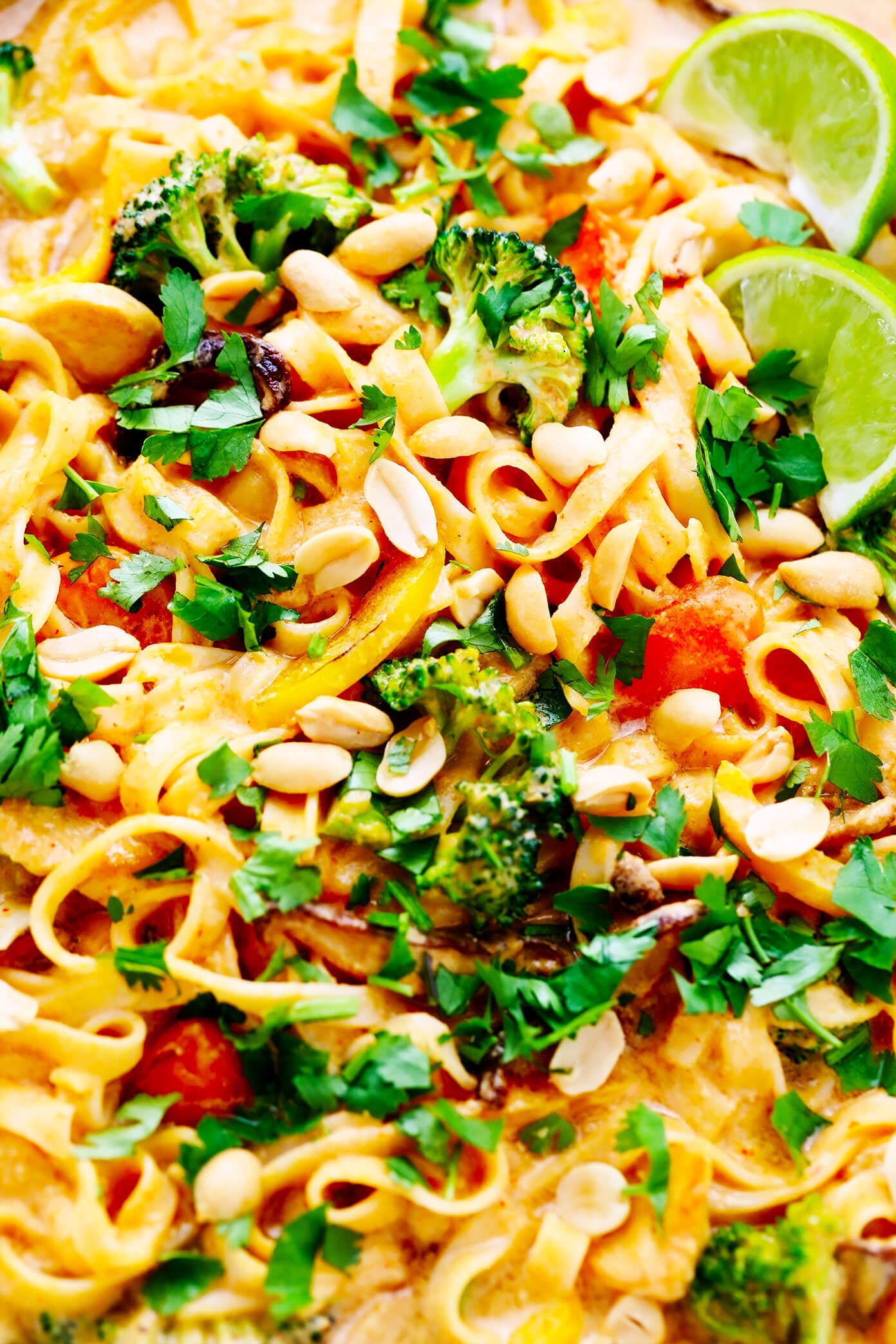 This Saucy Thai Curried Peanut Noodles is made with the yummiest creamy coconut curry peanut sauce and your choice of noodles, veggies and protein. A great 35-minute easy dinner recipe that's naturally gluten-free and easy to make vegetarian or vegan, if you'd like! | gimmesomeoven.com #curry #noodles #peanut #vegetable #chicken #healthy #stirfry #thai #sauce #dinner #pasta Thai Curry Peanut Noodles Closeup with Limes and Cilantro