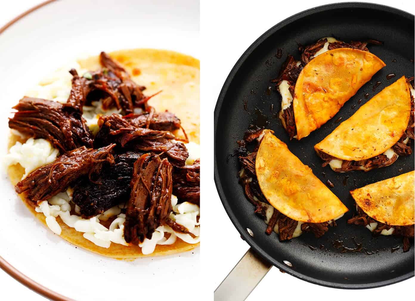 This birria tacos recipe (a.k.a. birria quesatacos) is made with tender birria beef, which is loaded into broth-dipped corn tortillas with cheese, fried until crispy, then dunked in birria broth for an extra-flavorful finish. Easy to make in either the Instant Pot, Crock-Pot or on the stovetop, and always a delicious Mexican dinner recipe! | gimmesomeoven.com #beef #birria #tacos #quesatacos #cheese #dip #sauce #fried #tortillas #jalisco #mexican How to make birria tacos (assembly)