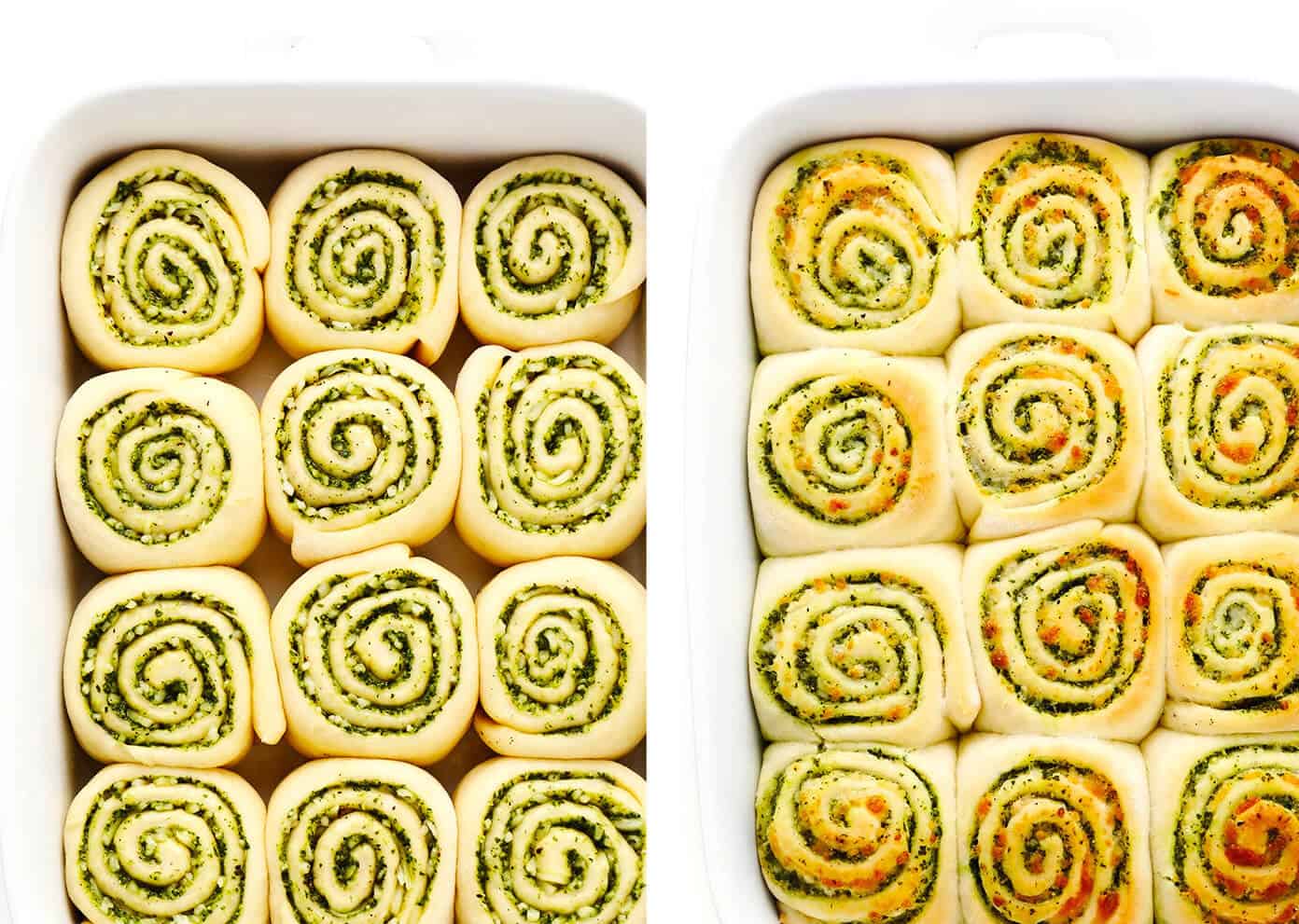 These deliciously cheesy pesto rolls are made with a buttery soft bread dough and swirled with fresh basil pesto, mozzarella and Parmesan cheese. Easy to make in about 1 hour and sure to be a favorite side dish! | gimmesomeoven.com Before and After Baking of Cheesy Pesto Rolls
