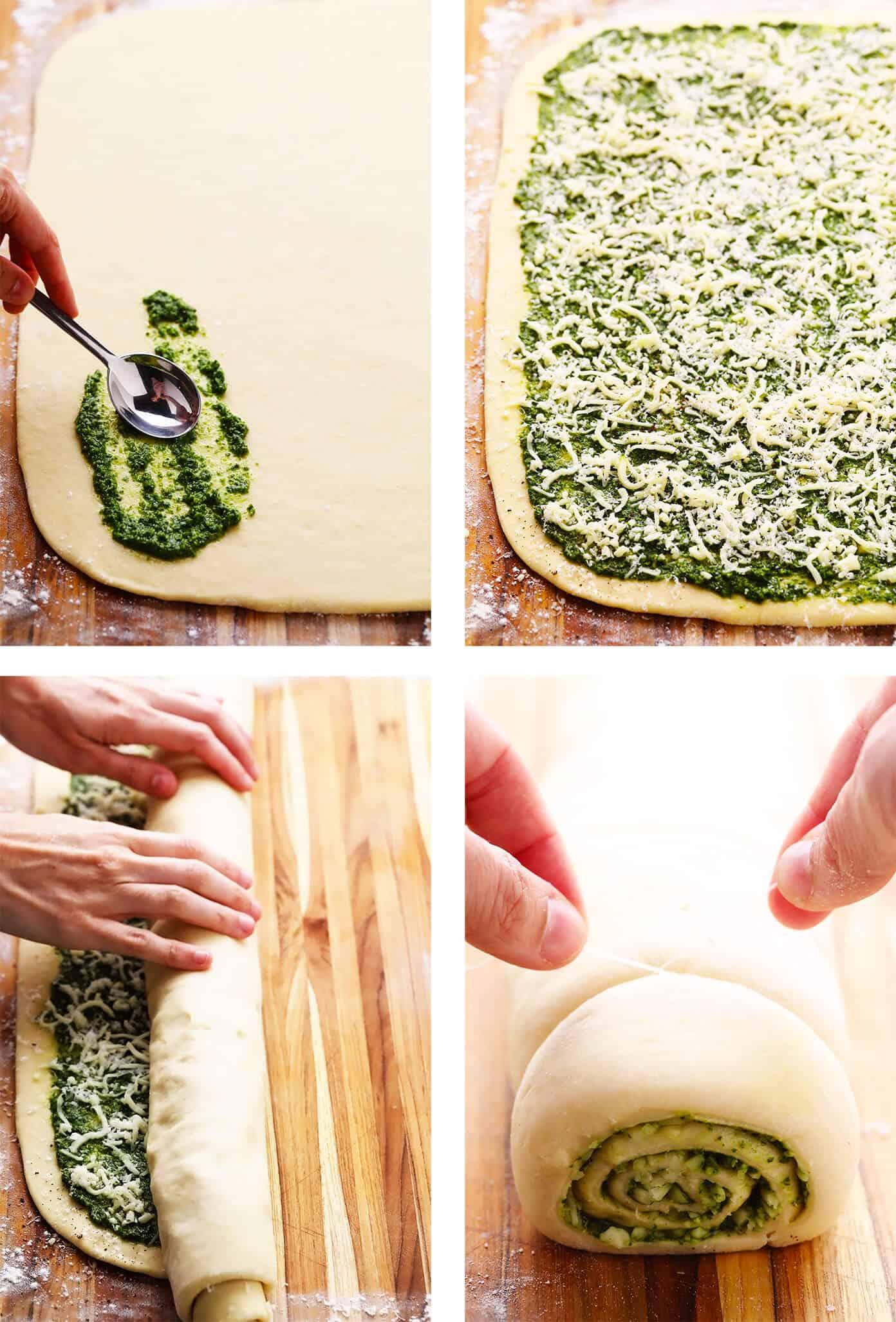 These deliciously cheesy pesto rolls are made with a buttery soft bread dough and swirled with fresh basil pesto, mozzarella and Parmesan cheese. Easy to make in about 1 hour and sure to be a favorite side dish! | gimmesomeoven.com Step By Step of How To Make Cheesy Pesto Rolls