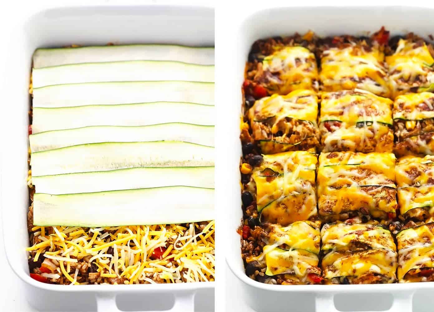 This Tex-Mex-inspired zucchini enchilada casserole is stacked (not rolled!) with layers of sliced zucchini, veggies, cheese, beans, rice and the most delicious homemade red enchilada sauce. It's naturally gluten-free and can be made with meat (chicken, beef, pork, chorizo, etc) or kept vegetarian. Serve it up for dinner with some avocado and enjoy! | gimmesomeoven.com How To Make Enchilada Casserole -- Step By Step Layers
