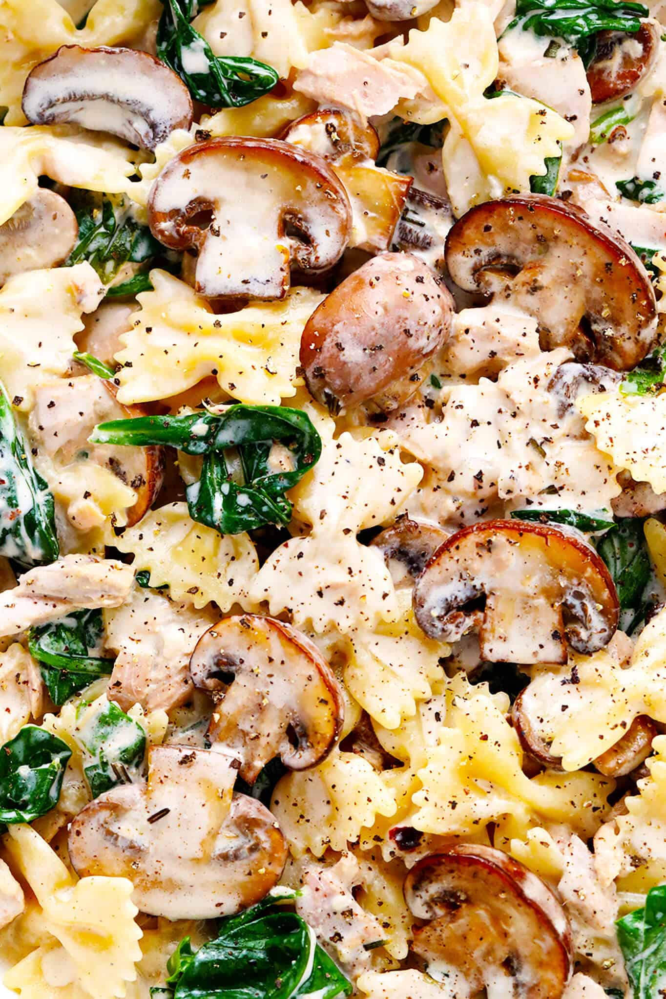 This creamy tuna mushroom pasta recipe is tossed with perfectly al dente pasta, sautéed mushrooms, tender spinach, canned tuna, and garlic lemon rosemary cream sauce. It's a super easy dinner recipe to make in just 30 minutes and taste SO delicious! | gimmesomeoven.com Creamy Mushroom Tuna Pasta Recipe Closeup