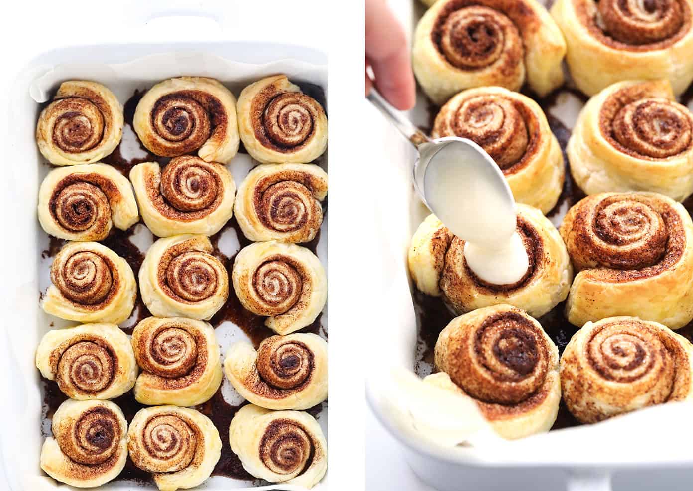 This shortcut puff pastry cinnamon rolls recipe is super fast and easy to prepare, topped with a dreamy cream cheese frosting, and irresistibly buttery, flaky and delicious. The perfect breakfast or brunch pastry when you need something quick! | gimmesomeoven.com Spreading the icing on puff pastry cinnamon buns