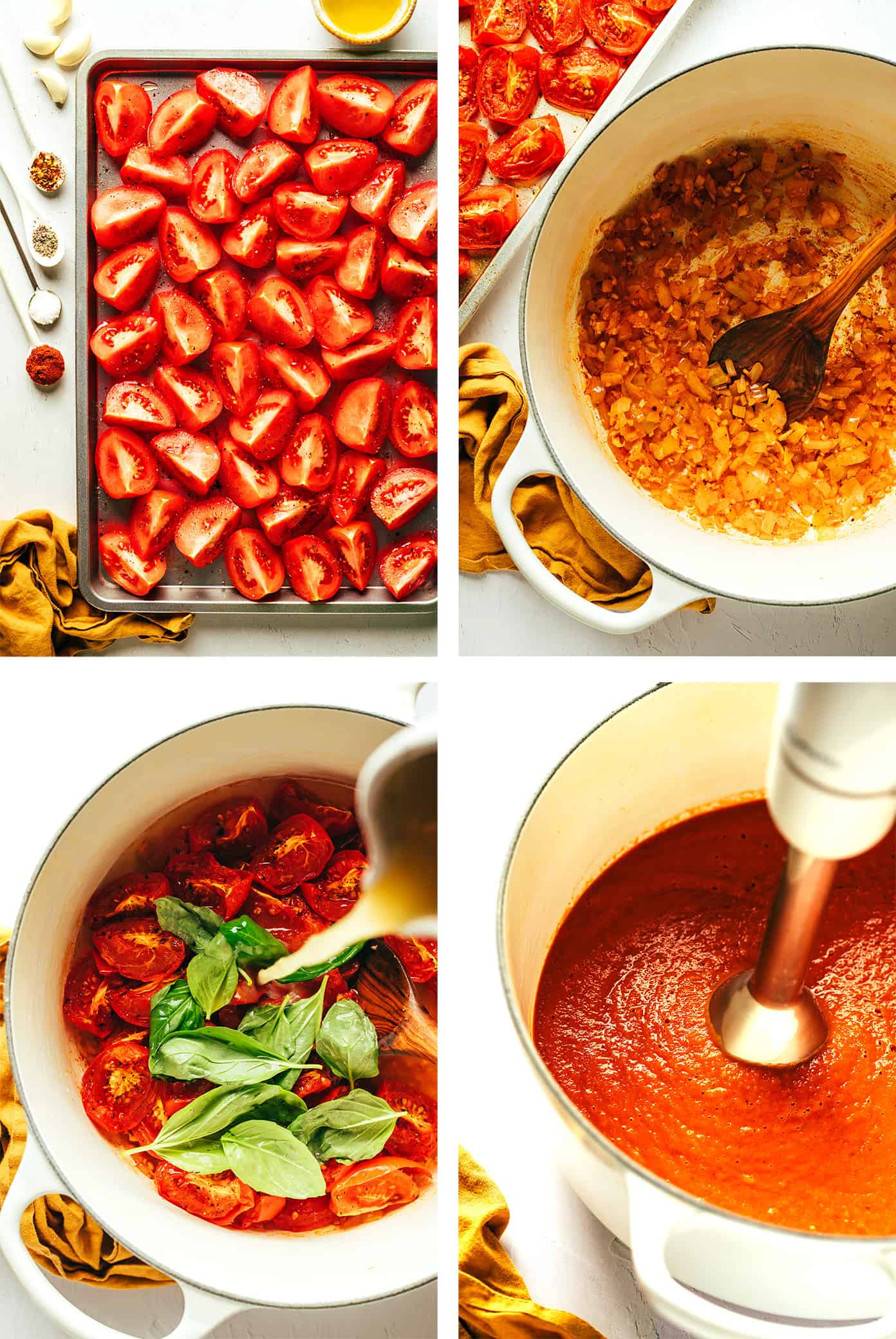 This roasted tomato soup recipe always tastes so fresh and flavorful and it's easy to make with a handful of simple ingredients. Feel free to add cream or croutons if you'd like! | gimmesomeoven.com How To Make Tomato Soup