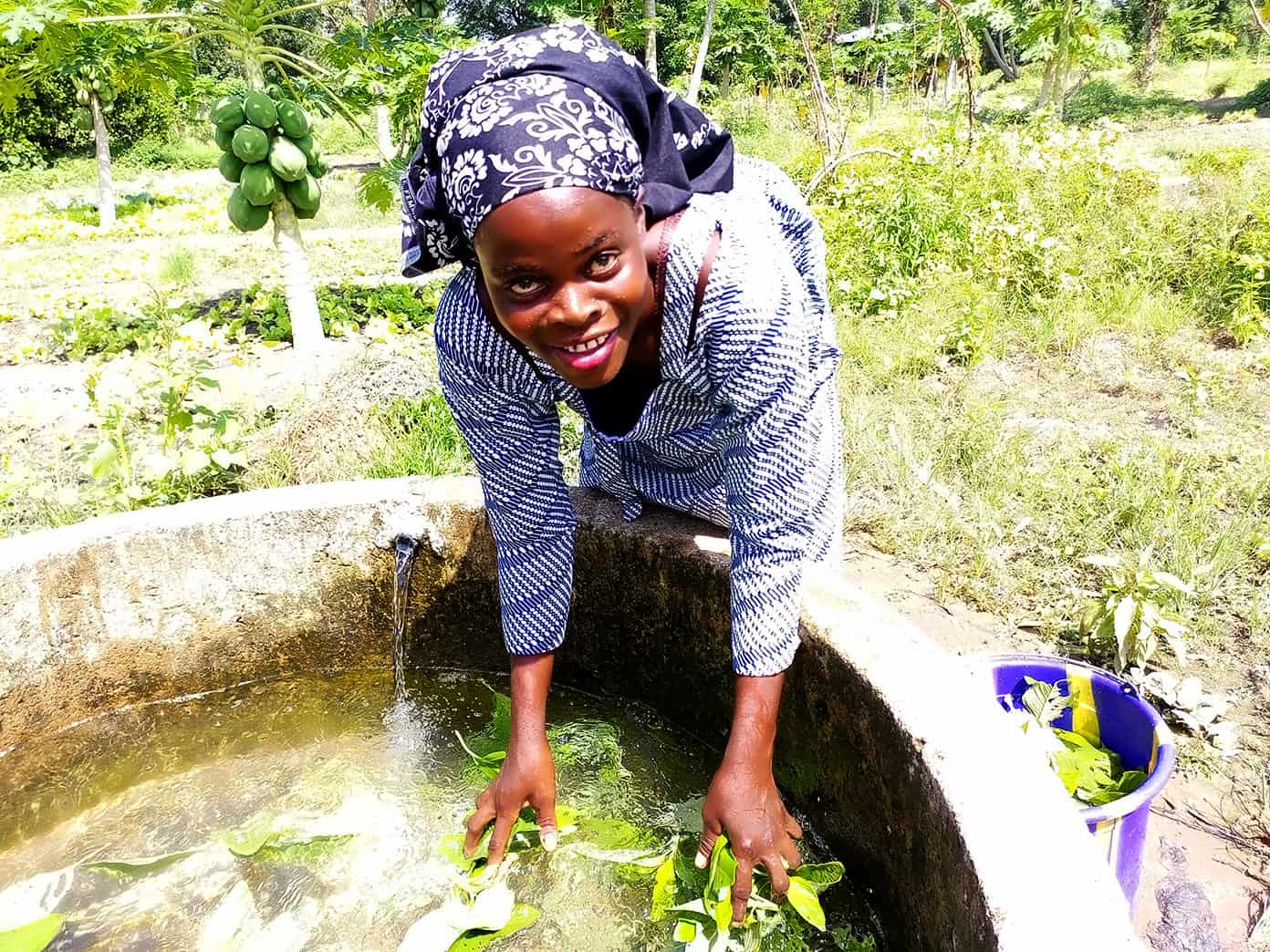 Benkadi Community Garden Update | Gimme Some Oven Washing greens in a fresh water well in Benkadi Garden