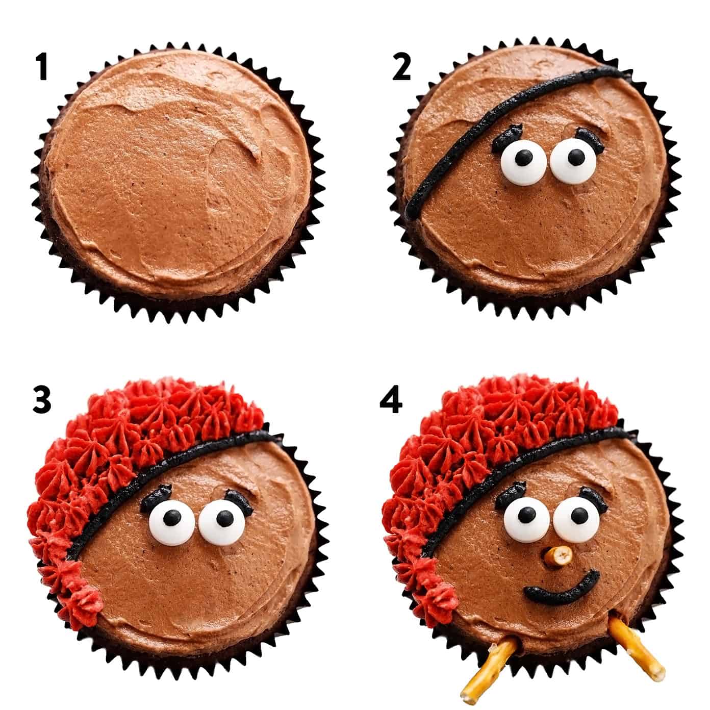 These fun Caga Tió cupcakes celebrate the famous "pooping" log that brings children presents each Christmas here in Catalonia, Spain. Made with chocolate cupcakes and buttercream, these cute desserts are a great way to celebrate the holiday season! | gimmesomeoven.com Step By Step How To Decorate Caga Tio Cupcakes