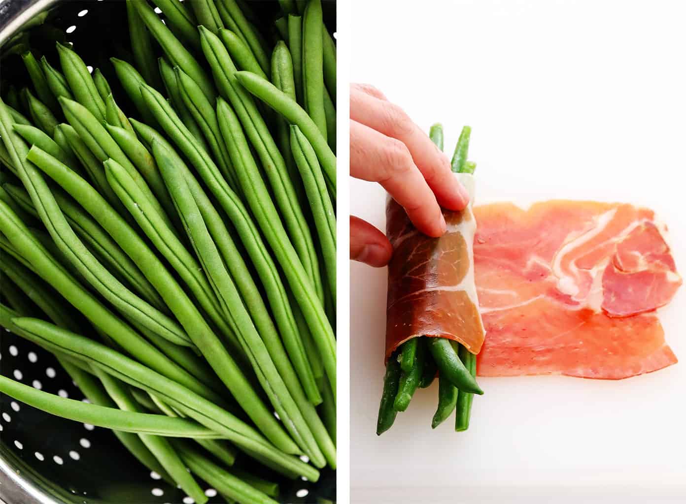 These green bean bundles are tossed with rosemary honey garlic butter, wrapped in prosciutto, and sprinkled with freshly-grated Parmesan. Super easy to make ahead and only 10 minutes needed to bake. Perfect for your Thanksgiving, Christmas, or holiday menu...yet also easy enough for a fun weeknight side dish. | gimmesomeoven.com Fresh haricot vert green beans, followed by rolling green beans in prosciutto