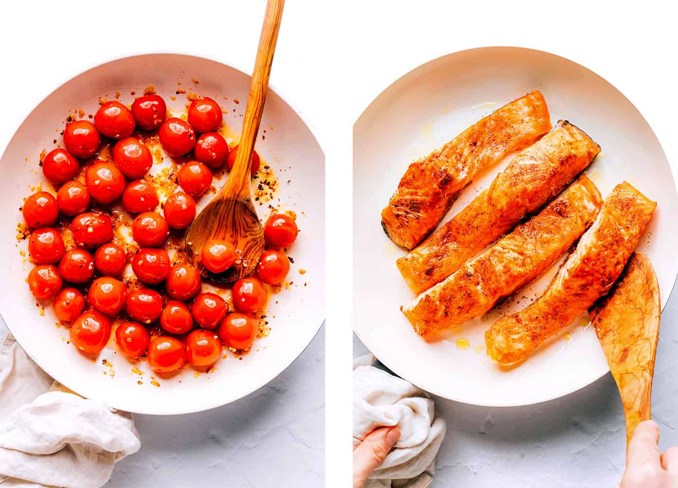 This Salmon in Burst Tomato Sauce is incredibly easy to make and simmered with the most delicious Italian-inspired garlicky cherry tomato basil cream sauce. Easy to make in 30 minutes, and delicious served for dinner with crusty bread, pasta, or rice and a simple side salad. | gimmesomeoven.com Bursting tomatoes and searing salmon in pan