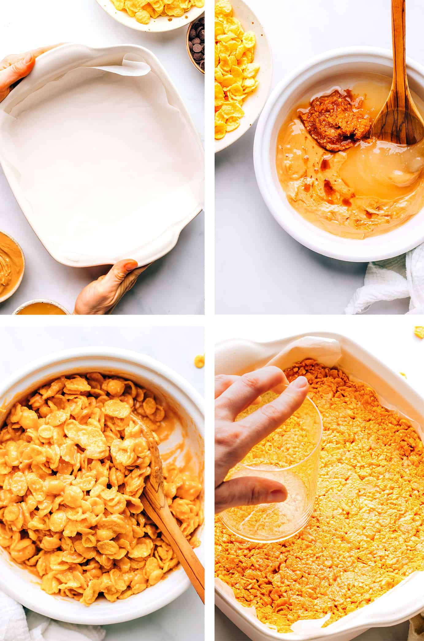 These no-bake miso chocolate peanut butter cornflake bars are easy to make (just 15 minutes of prep), irresistibly salty and sweet, and SO delicious! The perfect dessert for easy entertaining. Gluten-free and vegan options available. | gimmesomeoven.com Step by step photos of how to make cornflake bars