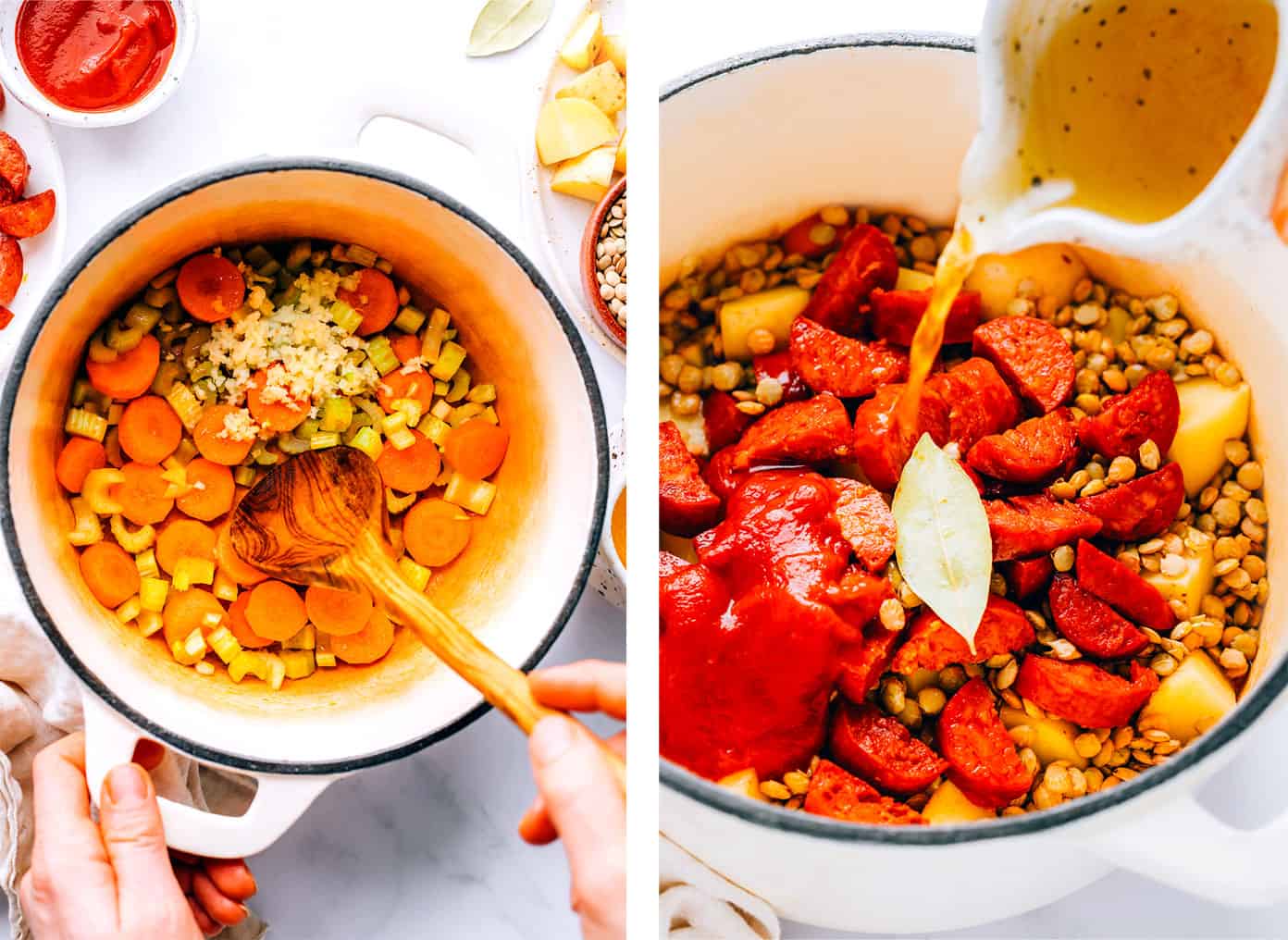 This Spanish Chorizo Lentil Stew recipe is incredibly easy to make, loaded up with veggies in a light paprika-tomato-garlic broth, and SO cozy and delicious. A great winter soup recipe for dinner when you're short on time! | gimmesomeoven.com Demonstrating how to make Spanish Chorizo Lentil Soup