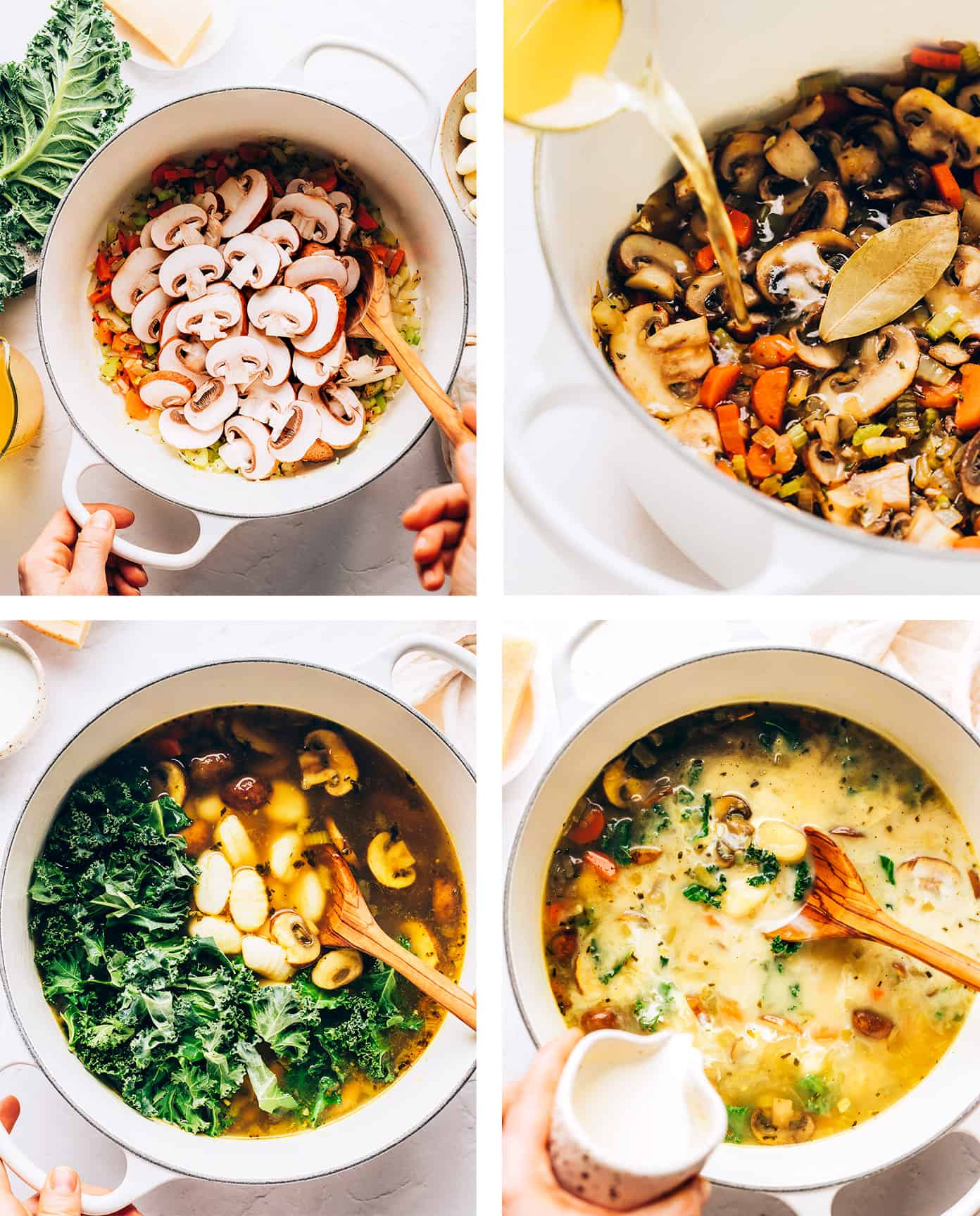 This gnocchi, mushroom and kale soup is made with a delicious creamy garlic-rosemary broth and topped with freshly-grated Parmesan. It's the perfect easy dinner recipe that comes together in under 30 minutes and always tastes so cozy and comforting. Feel free to keep the recipe vegetarian, or add in some Italian sausage, chicken or bacon too. | gimmesomeoven.com Step by step photos showing how to make gnocchi mushroom soup