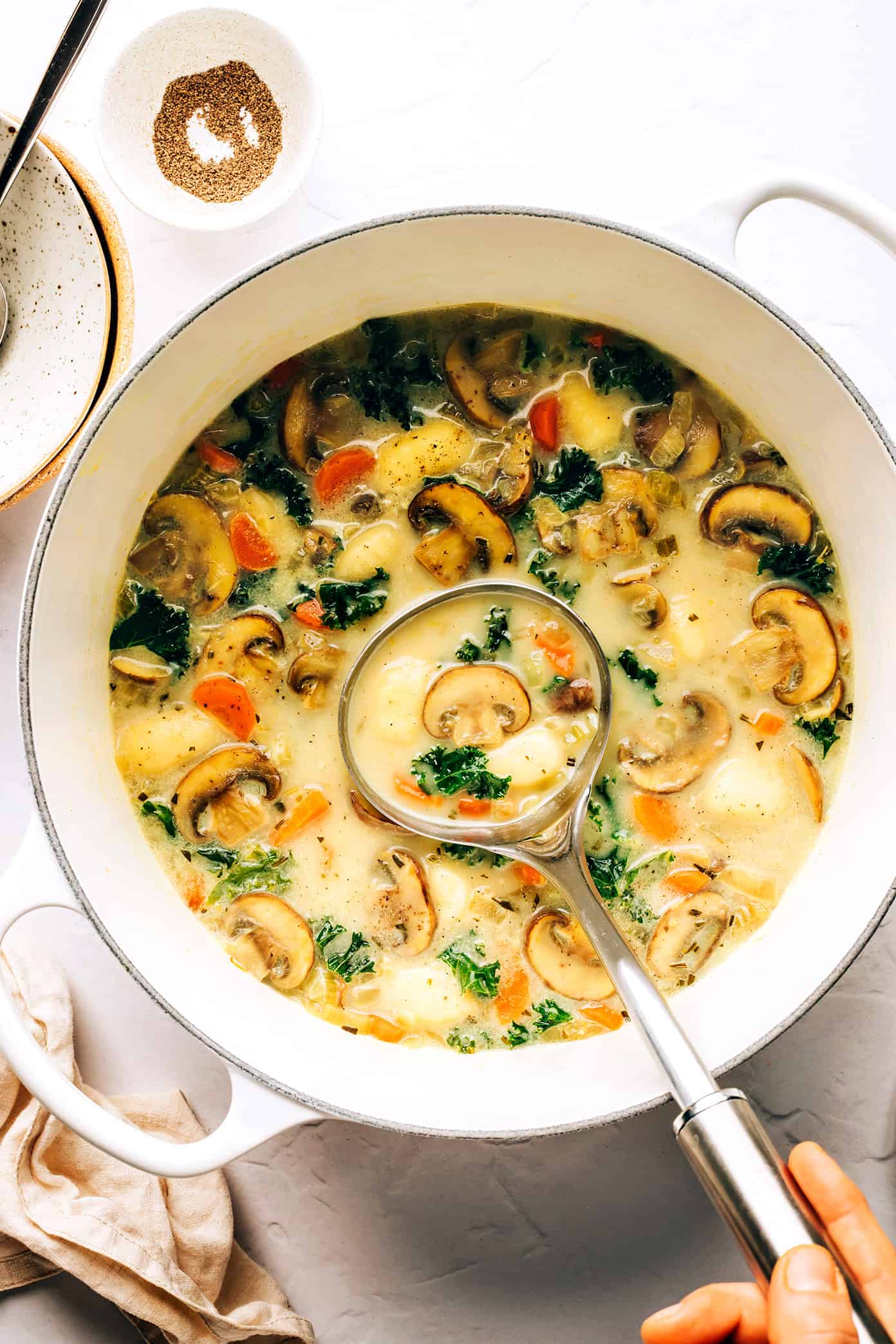 This gnocchi, mushroom and kale soup is made with a delicious creamy garlic-rosemary broth and topped with freshly-grated Parmesan. It's the perfect easy dinner recipe that comes together in under 30 minutes and always tastes so cozy and comforting. Feel free to keep the recipe vegetarian, or add in some Italian sausage, chicken or bacon too. | gimmesomeoven.com Gnocchi, Mushroom and Kale Soup in pot