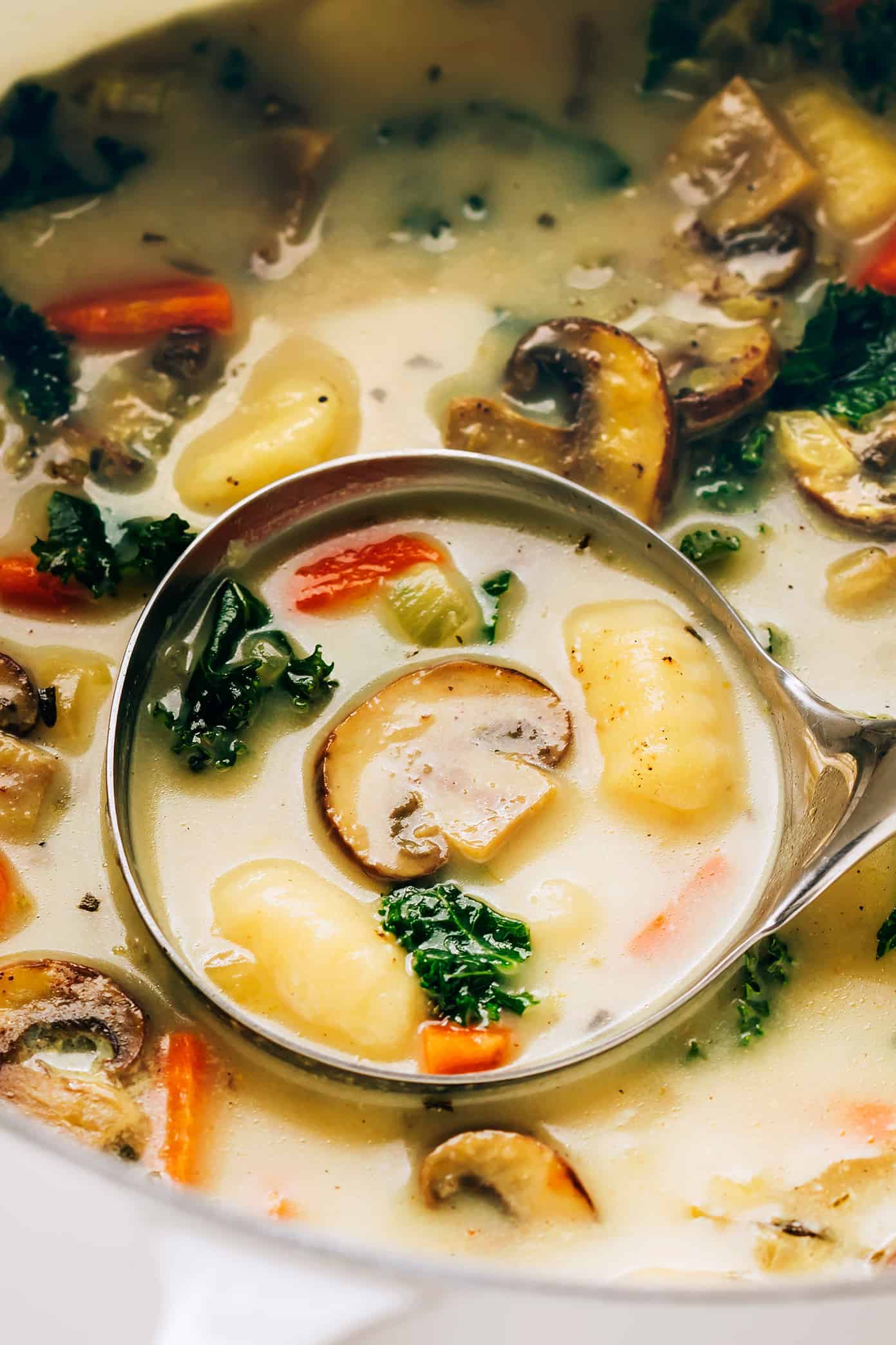 This gnocchi, mushroom and kale soup is made with a delicious creamy garlic-rosemary broth and topped with freshly-grated Parmesan. It's the perfect easy dinner recipe that comes together in under 30 minutes and always tastes so cozy and comforting. Feel free to keep the recipe vegetarian, or add in some Italian sausage, chicken or bacon too. | gimmesomeoven.com Closeup of gnocchi soup in ladle