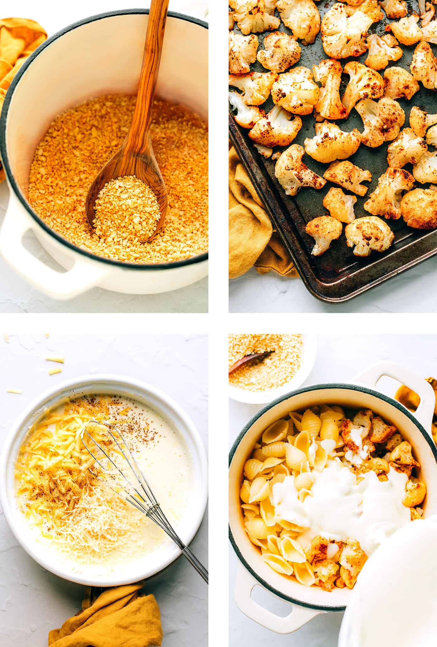 This Roasted Cauliflower Mac and Cheese features lots of zesty roasted cauliflower, a velvety cheddar cheese sauce, and sprinkling of toasted breadcrumbs. Easy to make and perfect when you're craving vegetarian comfort food for dinner. | gimmesomeoven.com Toasting breadcrumbs, roasting cauliflower, making a cheese sauce, tossing everything together for roasted cauliflower mac and cheese