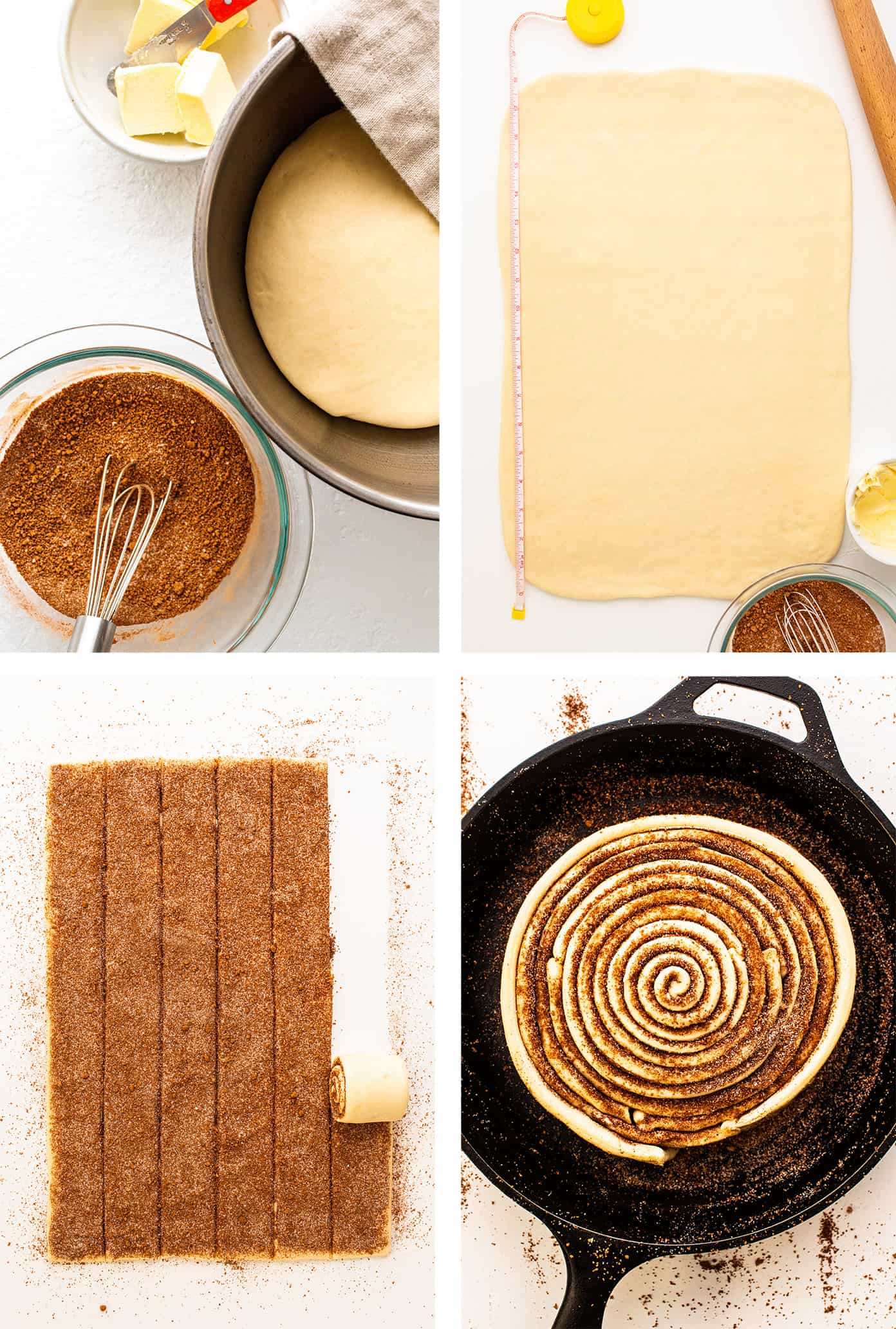 This giant cinnamon roll recipe is made with the most delicious soft dough, cinnamon-sugar filling, and a tangy cream cheese icing. Ready to go for breakfast or brunch in one hour from start to finish! | gimmesomeoven.com Step by step demonstration of making cinnamon roll dough