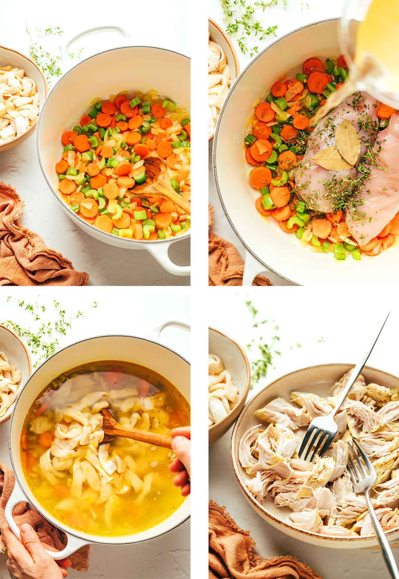 This homemade chicken noodle soup recipe is made with homestyle egg noodles, tender chicken, thick-cut veggies, and the coziest garlic-herb broth. The perfect comfort food to warm you right up! | gimmesomeoven.com Step by step demonstration of making homemade chicken noodle soup