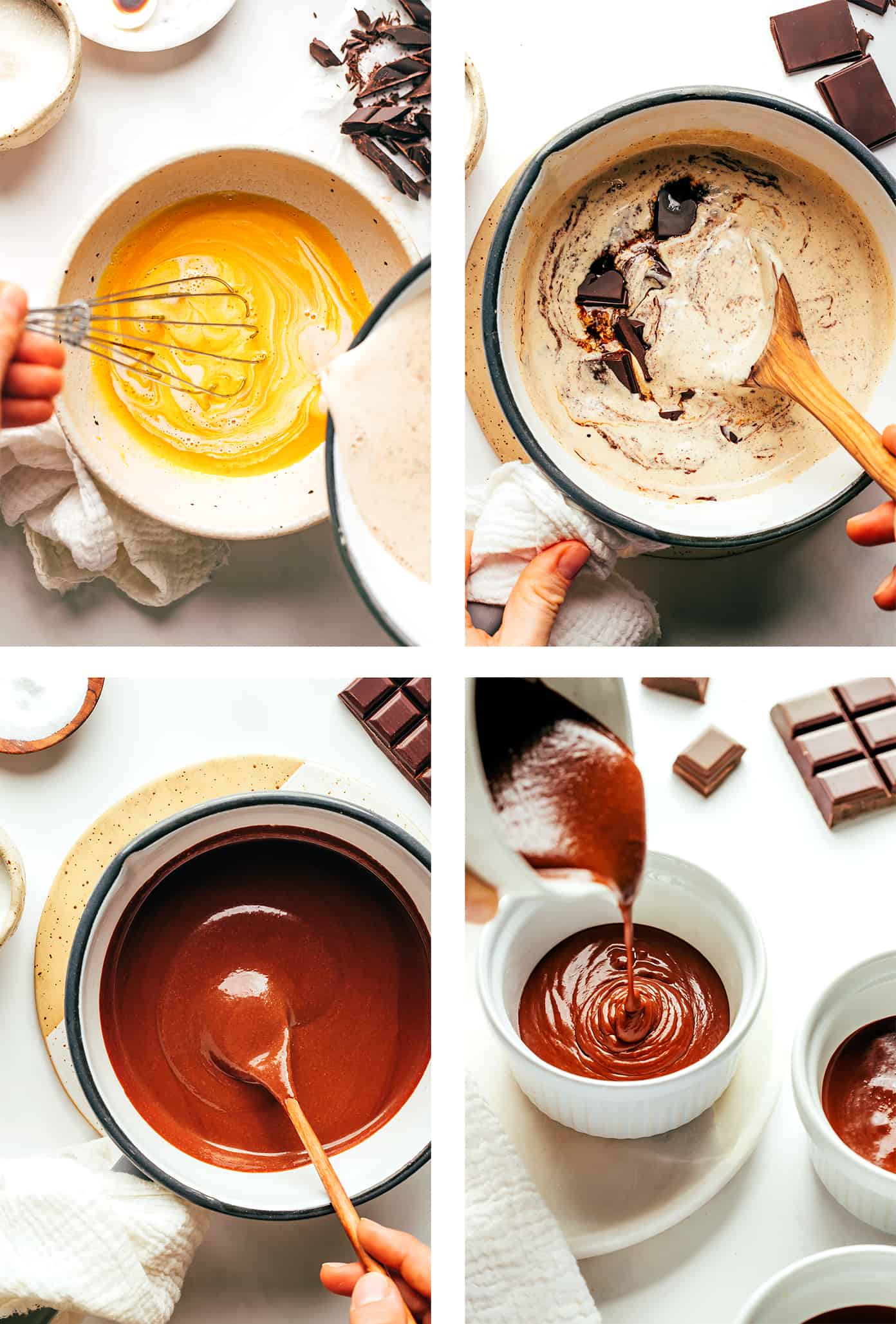 This no-bake chocolate pots de crème recipe comes together with just 20 minutes of active prep time and features a silky-smooth chocolate custard topped with amaretto whipped cream. Naturally gluten-free and the perfect make-ahead dessert for easy entertaining! | gimmesomeoven.com Step by step photos showing how to make pots de creme