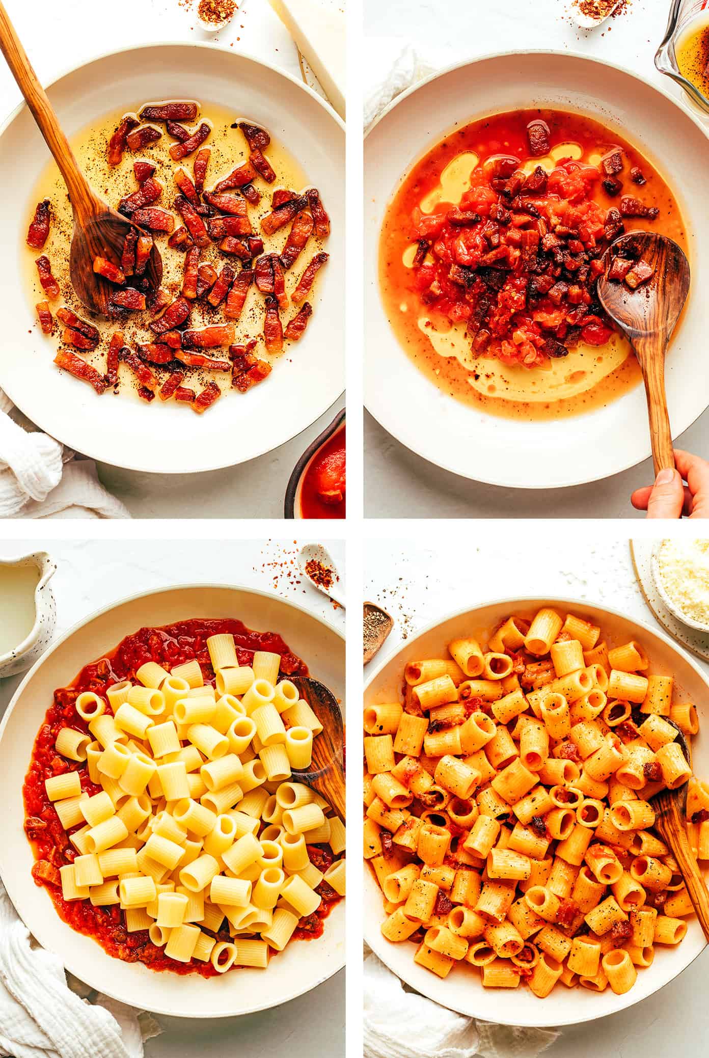 This classic Italian Pasta all'Amatriciana recipe is easy to make with 6 traditional ingredients (guanciale, Pecorino Romano, white wine, tomatoes, chili pepper, and pasta) and full of the best rich and savory flavors. Feel free to make the pasta with spaghetti, bucatini, rigatoni or whatever pasta shape you love best. | gimmesomeoven.com Step by step photos of how to make Amatriciana