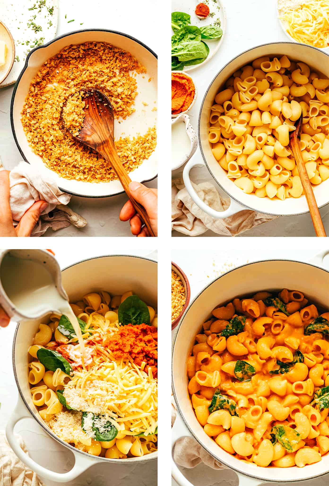 This smoky pumpkin mac and cheese recipe is made with the most dreamy smoked gouda pumpkin sauce and sprinkled with crispy garlic-herb breadcrumbs. It's easy to make, full of the best savory and sweet flavors, and such a delicious vegetarian dinner for fall or winter. | gimmesomeoven.com Step by step photos showing how to make pumpkin mac and cheese