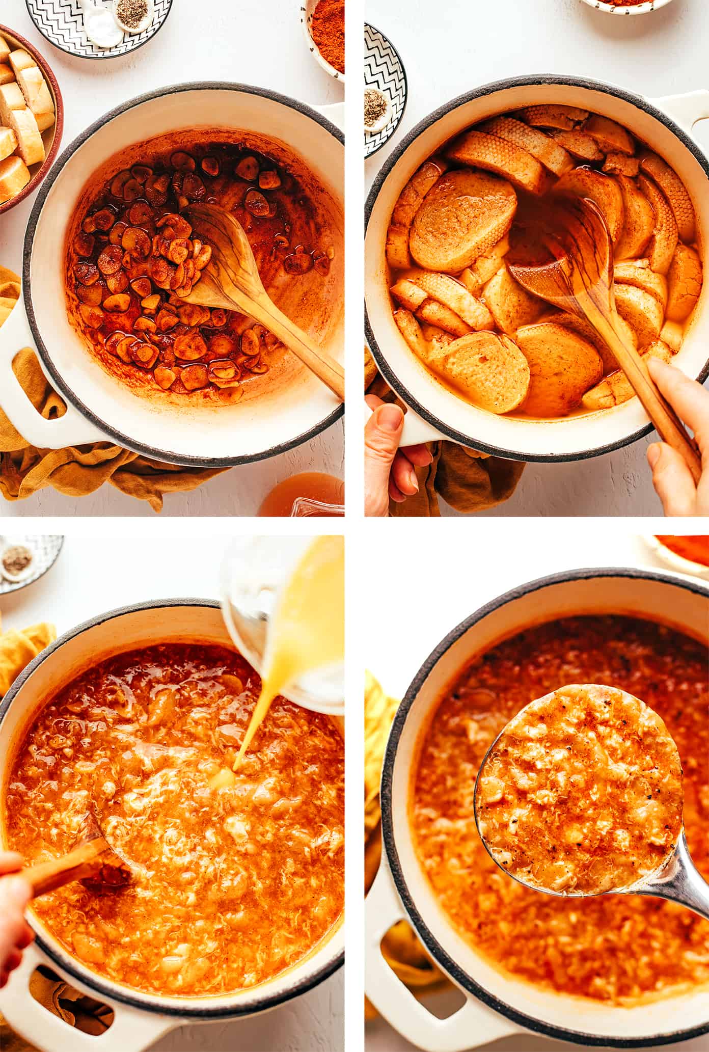 Spanish sopa de ajo (garlic soup or sopa castellana) is incredibly easy to make with just garlic, bread, eggs, broth, olive oil, and smoked paprika. It's a simple vegetarian dinner recipe that comes together in less than 30 minutes and always tastes so flavorful and comforting. | gimmesomeoven.com Step by step photos showing how to make sopa de ajo (sopa castellana)