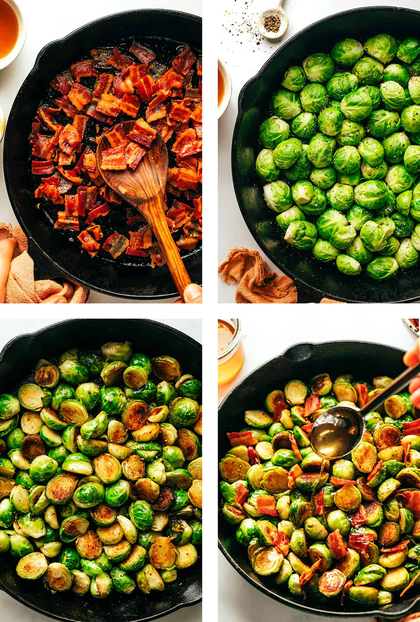 These bacon Brussels sprouts are easy to make and tossed with an irresistible drizzle of hot honey. The perfect side dish for Thanksgiving, dinner parties, or anytime you're just craving some extra-delicious vegetables. | gimmesomeoven.com Step by step photos showing how to make bacon Brussels sprouts