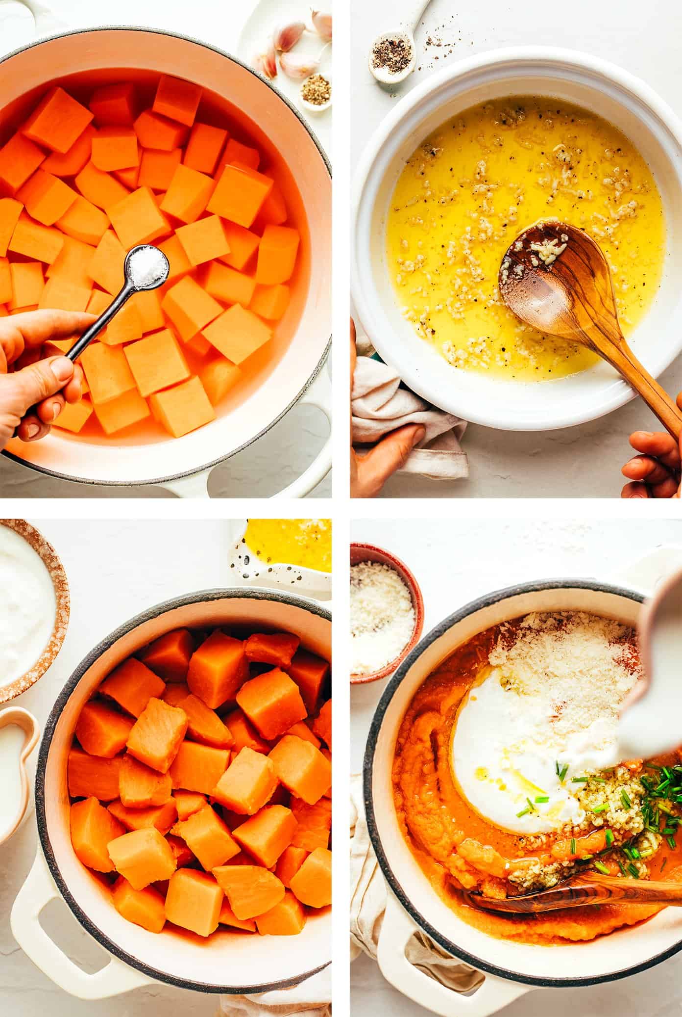 This Garlic Parmesan Mashed Sweet Potatoes recipe is easy to make, irresistibly sweet and savory, and sooo good. They're the perfect side dish for Thanksgiving or anytime you're craving some sweet potatoes! (Vegetarian + Gluten-Free) | gimmesomeoven.com Step by step photos detailing how to make mashed sweet potatoes