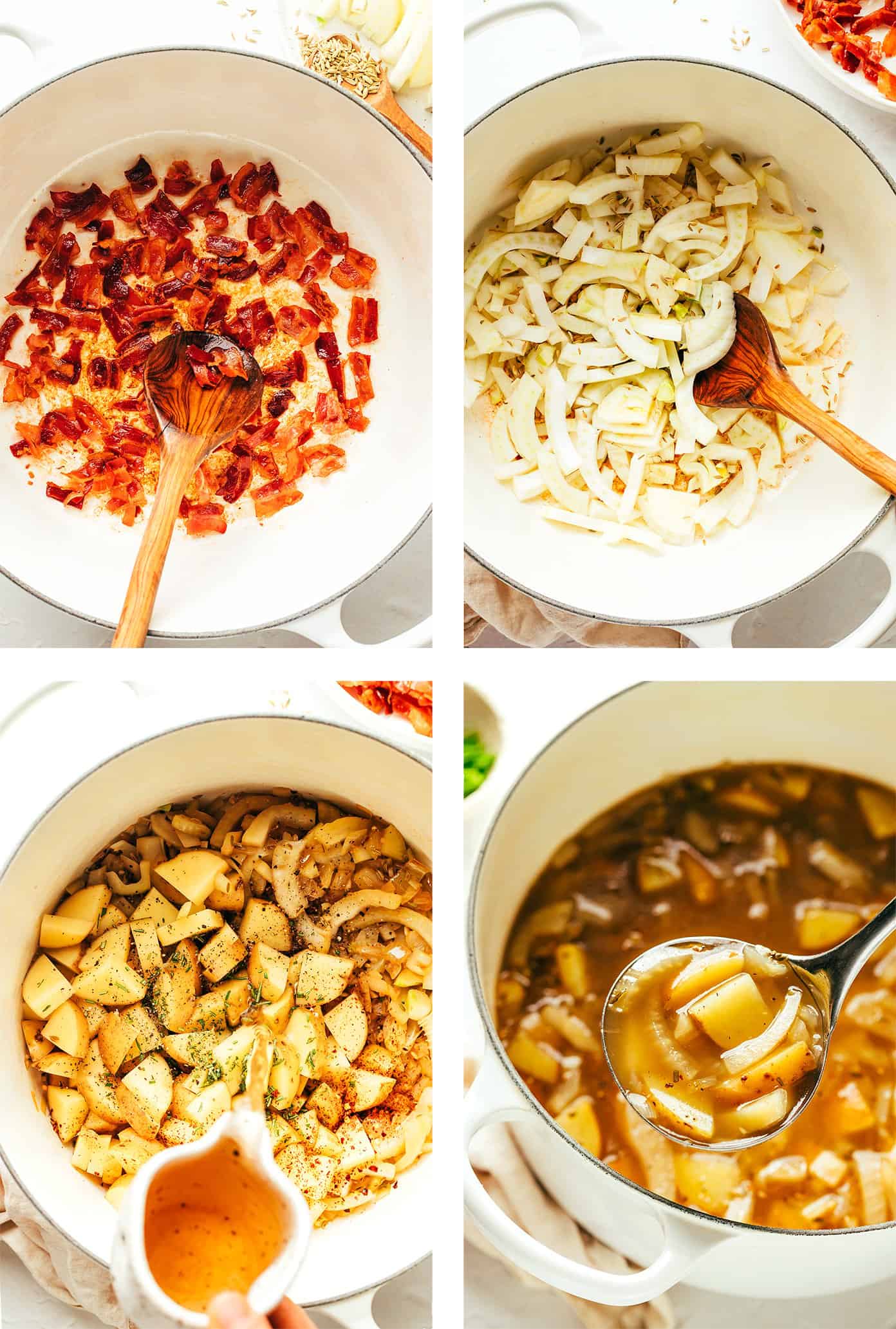 This potato bacon fennel soup recipe is incredibly easy to make and simmered in a garlic-rosemary broth. Easy to make, naturally gluten-free, and always such a cozy and delicious dinner recipe! | gimmesomeoven.com Step by step photos showing how to make Potato Bacon Fennel Soup