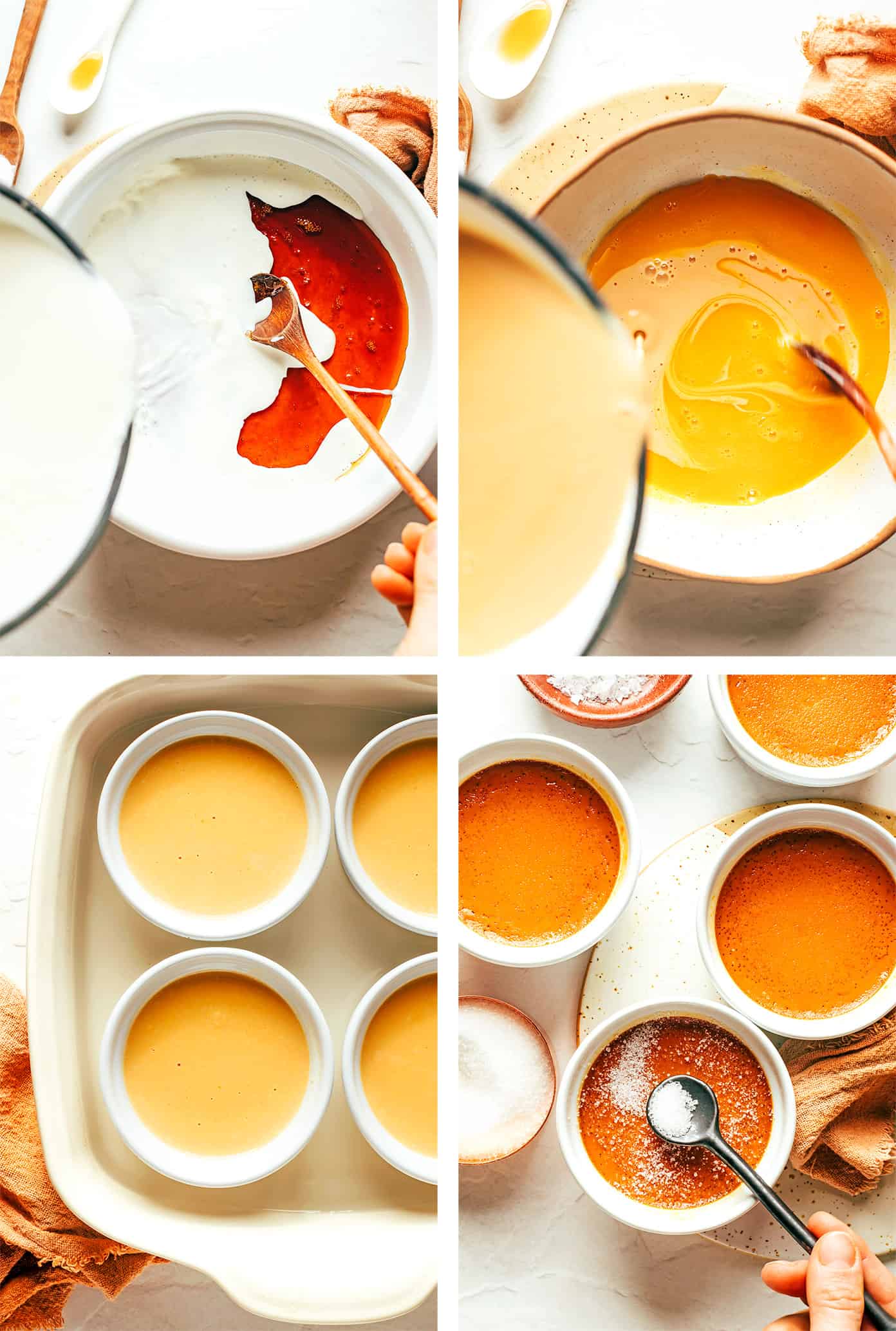 This salted caramel crème brûlée recipe is easy to make with 5 basic ingredients and features a delicious salted caramel custard with a crispy, crackly sugar topping. A delicious dessert that's easy for entertaining and also happens to be gluten-free. | gimmesomeoven.com Step by step photos for how to make crème brûlée
