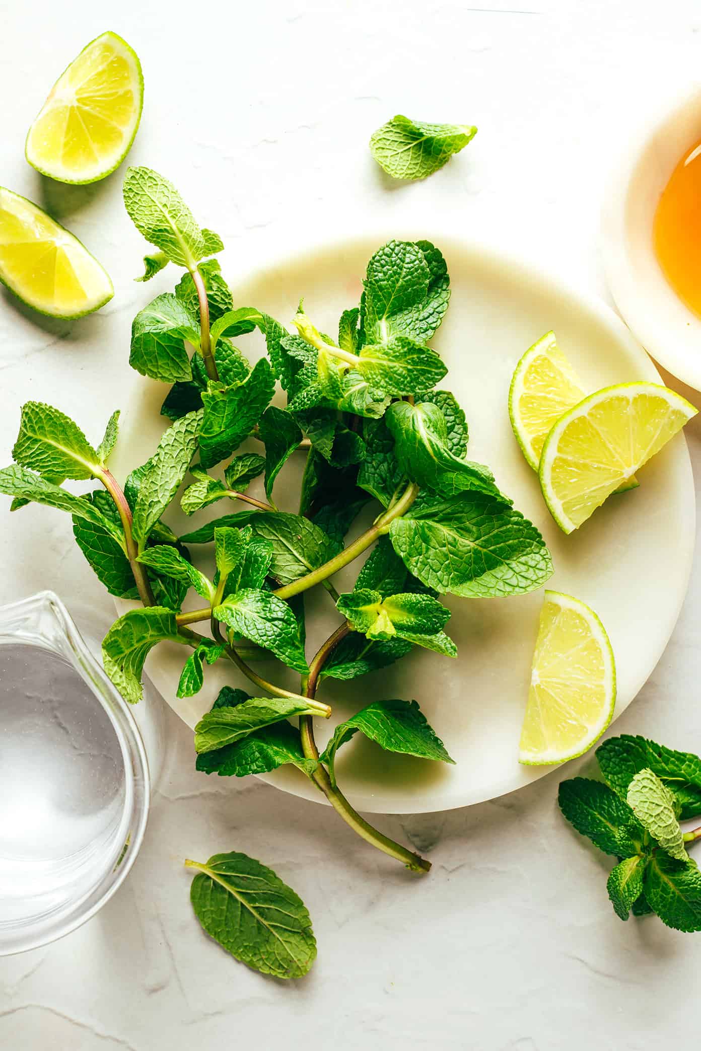 Fresh mint tea is easy to make hot or iced and always tastes so refreshing. Feel free to add sweetener and citrus (lemon or lime) too if you'd like. | gimmesomeoven.com Fresh Mint Tea Ingredients