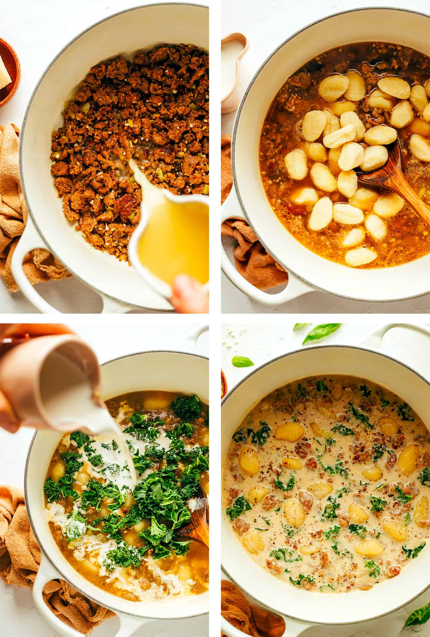 This easy Zuppa Toscana recipe, inspired by the Olive Garden version, uses store-bought gnocchi as a shortcut to bring this delicious creamy sausage and kale soup together in less than 30 minutes. A gluten-free dinner recipe that's easy to also make vegetarian (with plant-based sausage) if you prefer! | gimmesomeoven.com Step by step photos showing how to make zuppa toscana
