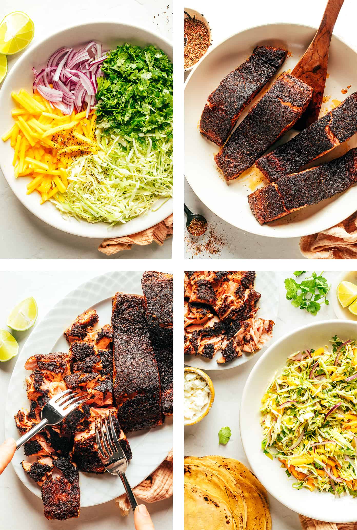 This blackened salmon tacos recipe is layered with a quick mango slaw, corn tortillas, and your choice of zesty toppings. Quick and easy to prepare, naturally gluten-free, and always such a delicious and healthy dinner recipe! | gimmesomeoven.com Step by step photos showing how to make fish tacos