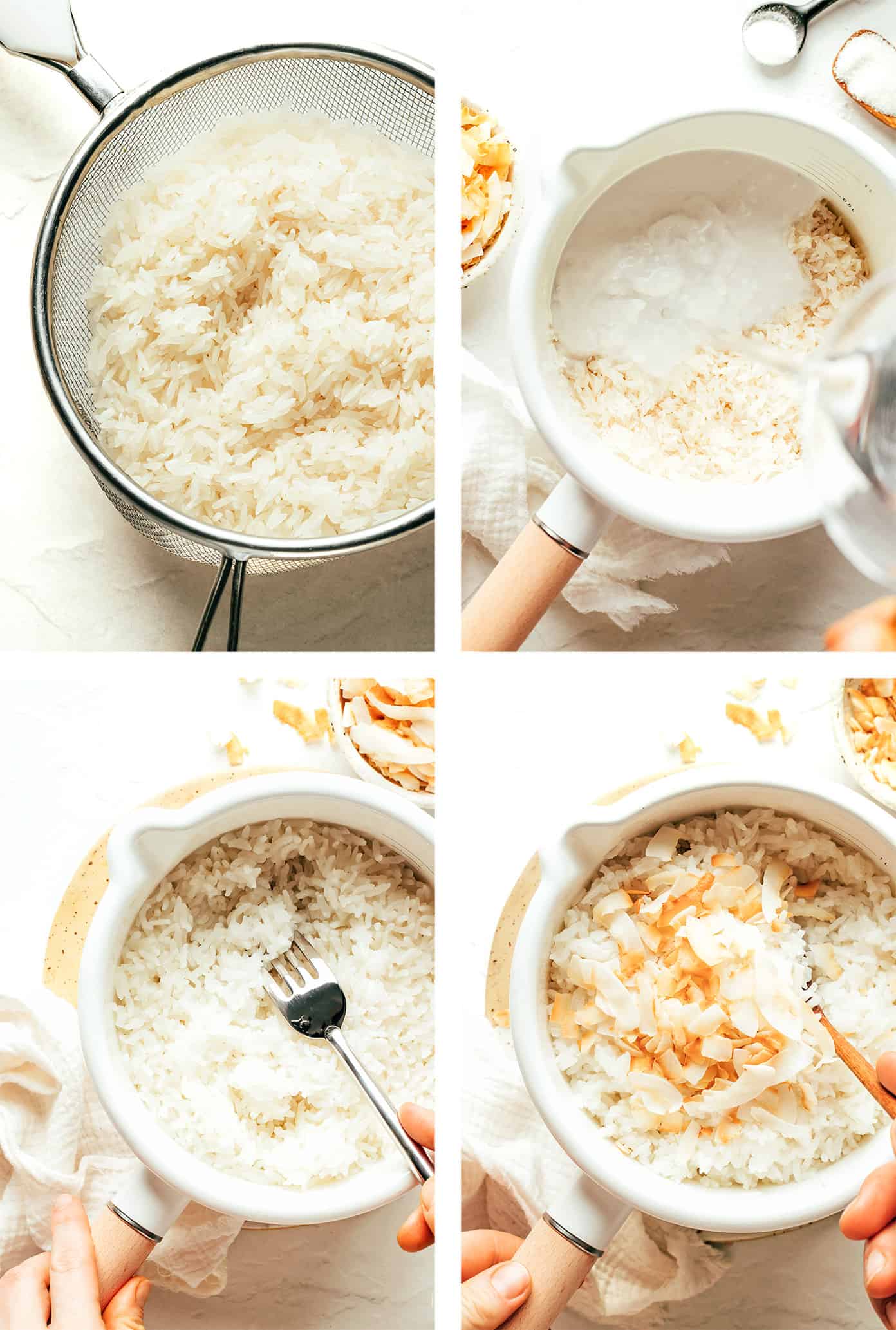 This coconut rice recipe is super easy to make in about 30 minutes and perfectly fluffy with a lightly-sweet coconut flavor. Naturally gluten-free, vegetarian, vegan, and perfect for serving with a savory stir-fry, curry, stew, beans, grilled proteins, roasted vegetables and more. | gimmesomeoven.com Step by step photos showing how to make coconut rice
