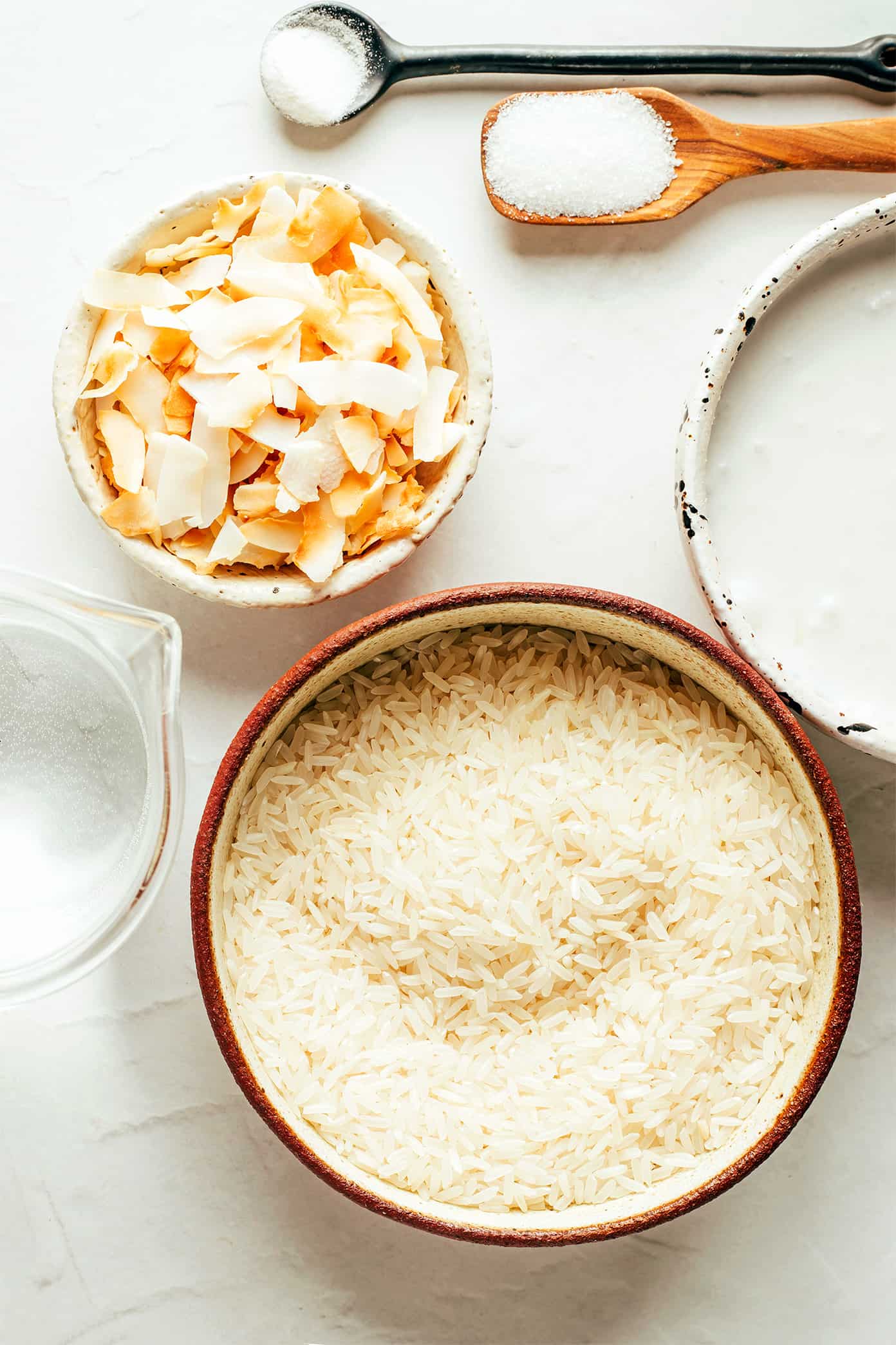 This coconut rice recipe is super easy to make in about 30 minutes and perfectly fluffy with a lightly-sweet coconut flavor. Naturally gluten-free, vegetarian, vegan, and perfect for serving with a savory stir-fry, curry, stew, beans, grilled proteins, roasted vegetables and more. | gimmesomeoven.com Coconut Rice Ingredients