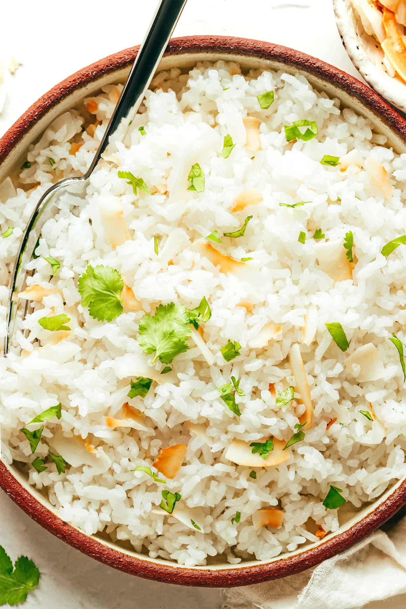 This coconut rice recipe is super easy to make in about 30 minutes and perfectly fluffy with a lightly-sweet coconut flavor. Naturally gluten-free, vegetarian, vegan, and perfect for serving with a savory stir-fry, curry, stew, beans, grilled proteins, roasted vegetables and more. | gimmesomeoven.com Bowl of coconut rice with cilantro