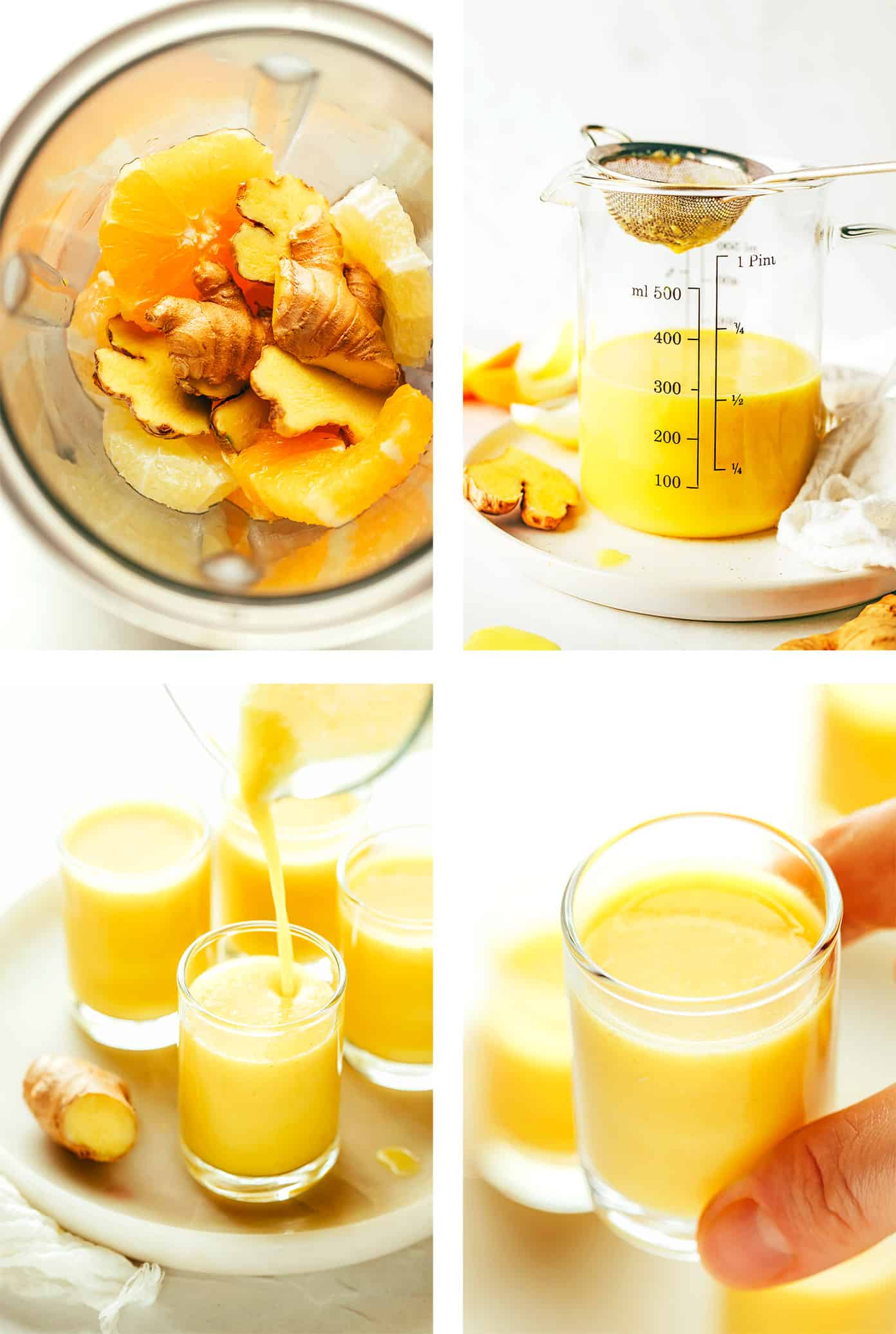 My favorite ginger shot recipe is super easy to make in the blender with 4 ingredients - lemon, orange, coconut water and fresh ginger. Full of healthy anti-inflammatory nutrients, more affordable than the store-bought versions, and easy to customize the flavors to your liking! | gimmesomeoven.com Step by Step Photos Showing How To Make Ginger Shots