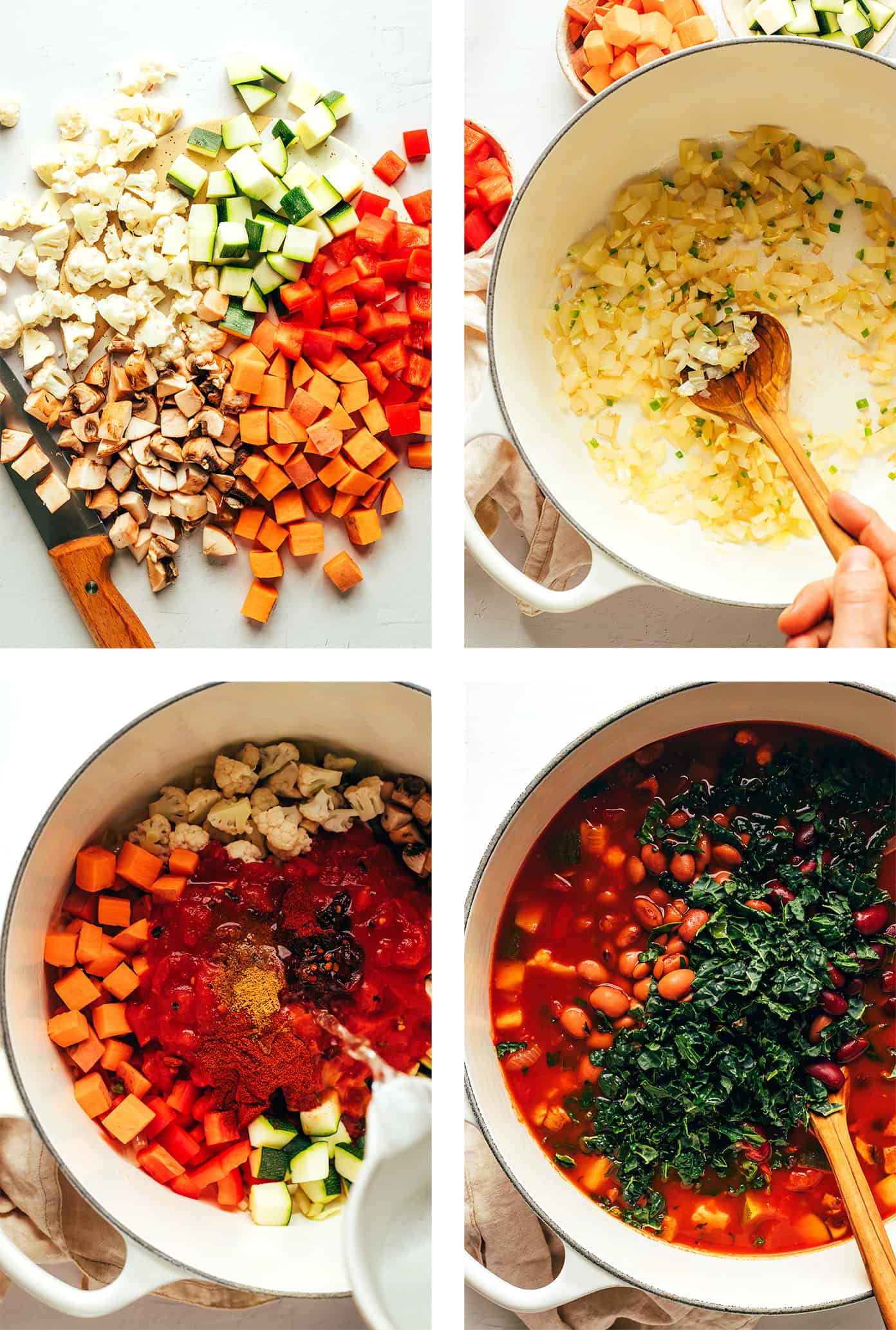 This delicious vegetarian chili recipe is easy to make, full of rich flavor, and loaded up with your choice of beans and veggies (such as sweet potato, bell pepper, zucchini, mushrooms, cauliflower, etc). This soup recipe is naturally gluten-free and vegan, very customizable, and always SO delicious. | gimmesomeoven.com Step by step photos showing how to make vegetarian chili