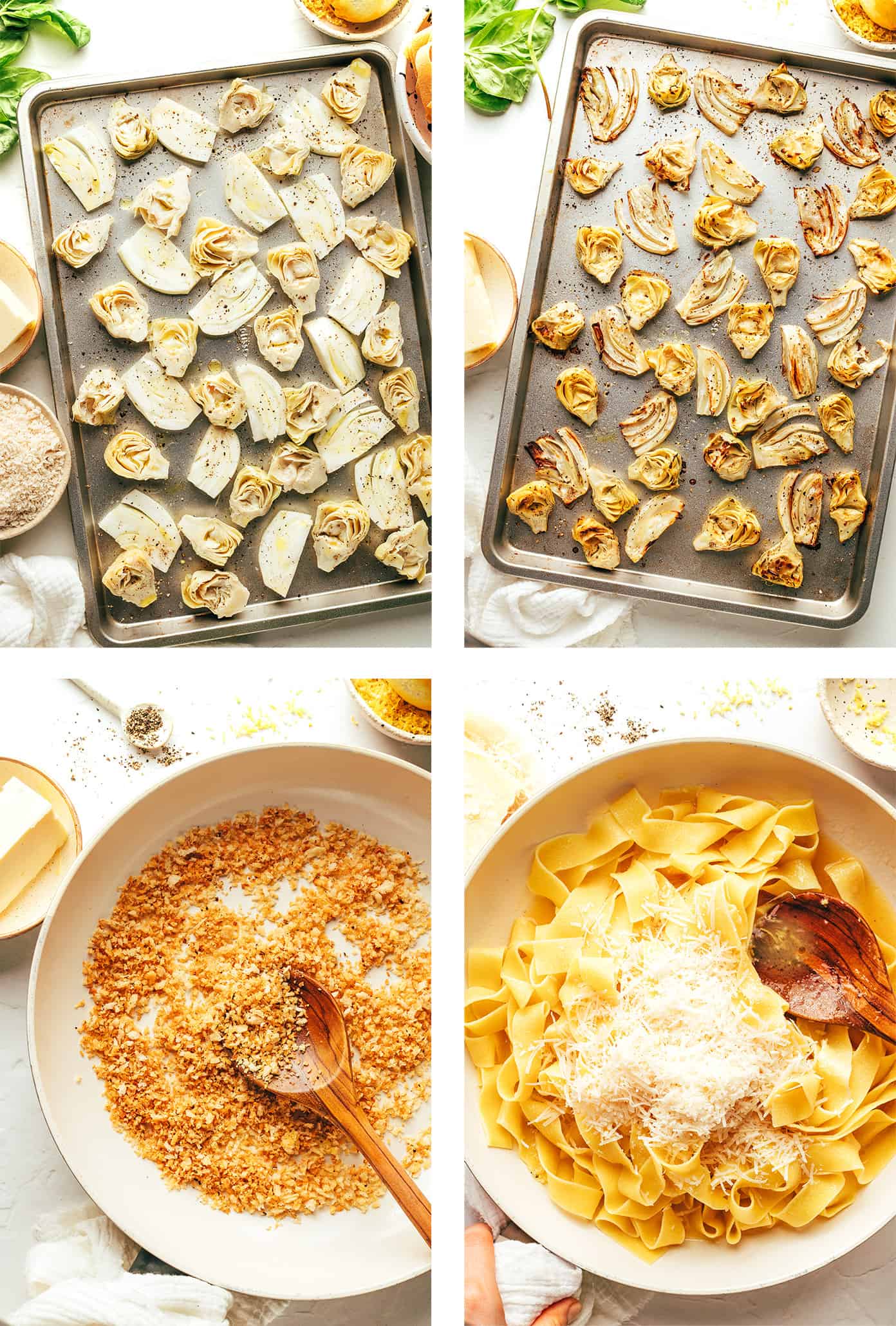 This lemon brown butter pasta is tossed with roasted artichokes and fennel and sprinkled with the most delicious garlic toasted breadcrumbs. Serve it up with parmesan and fresh basil for a simple vegetarian dinner, or add in an extra protein (shrimp, chicken, sausage, etc) if you'd like! | gimmesomeoven.com Step by step photos showing how to make lemon brown butter pasta with roasted fennel and artichokes