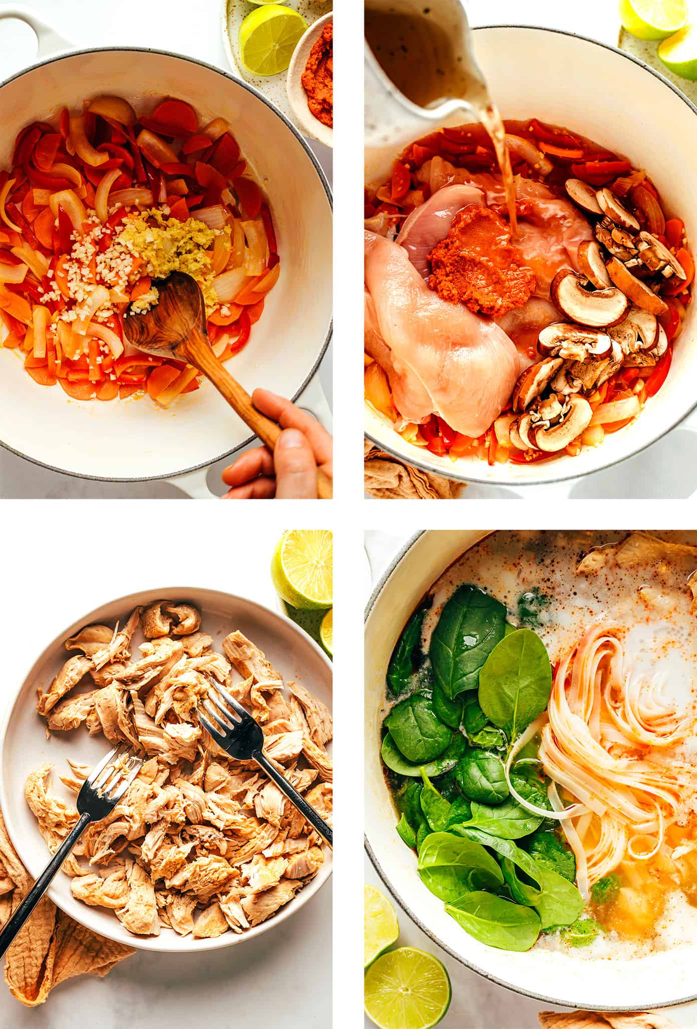 This Thai-inspired chicken noodle soup recipe is quick and easy to make, naturally gluten-free, always tastes so fresh and flavorful! Use whatever protein (chicken, beef, pork, shrimp, tofu, chickpeas), veggies, greens, and noodles you happen to have on hand, simmer everything together in a ginger coconut curry broth, top with fresh herbs and lime and dinner is ready to go! | gimmesomeoven.com Step by step photos showing how to make Thai chicken noodle soup