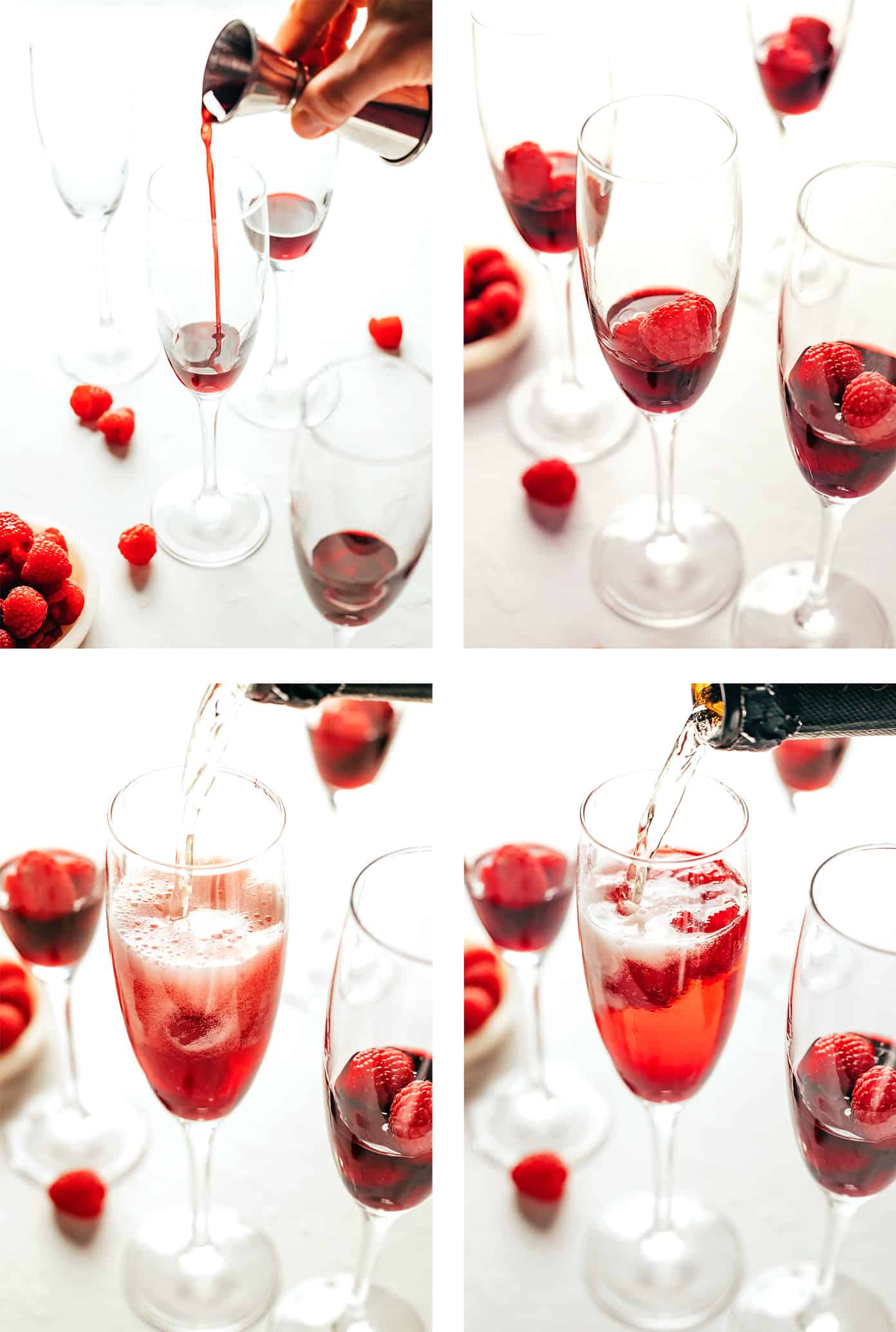 This classic kir royale cocktail recipe is easy to make with dry sparkling wine (such as Champagne, cava or prosecco), crème de cassis (blackcurrant liqueur) and your choice of berries for garnish. It's a vibrant, bubbly, refreshing drink that's perfect for summertime! | gimmesomeoven.com Step by step photos showing how to make a kir royale cocktail